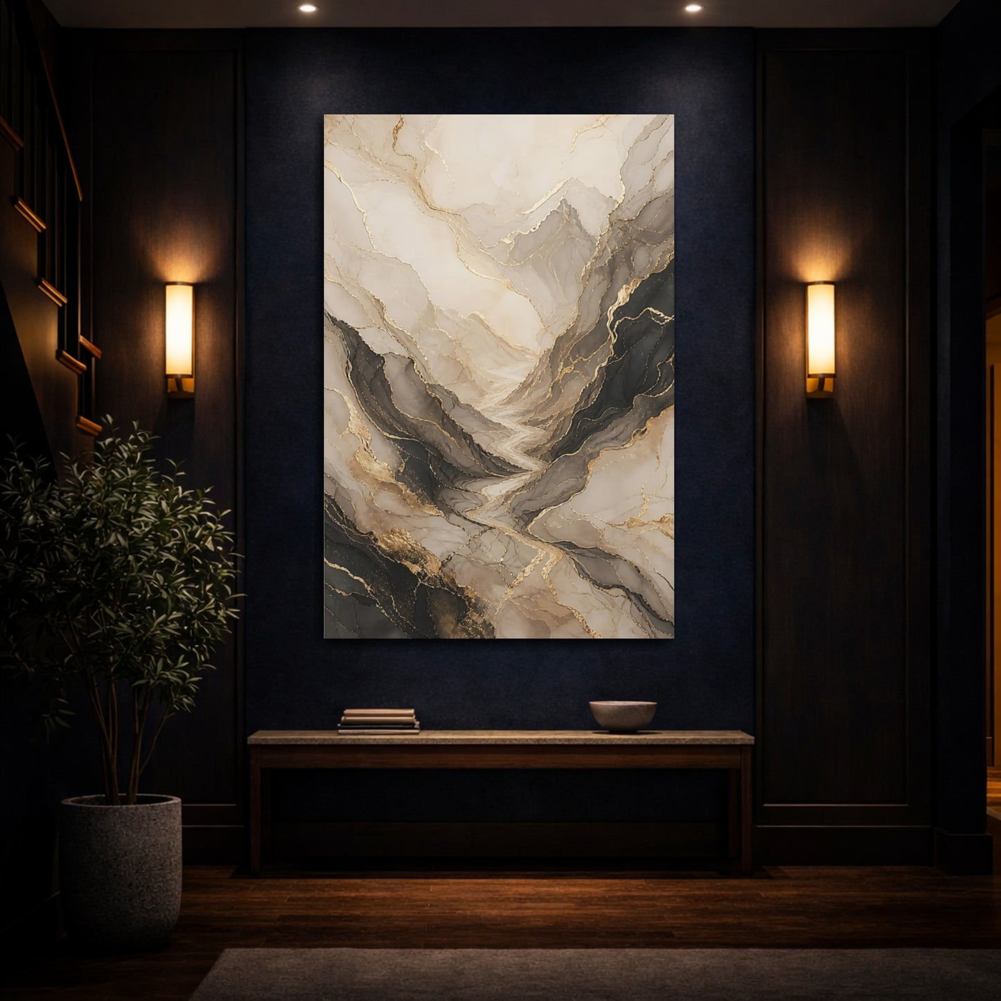 Mockup 4. Nature Abstract Mountains Neutral Gold shown as stretched canvas wall art