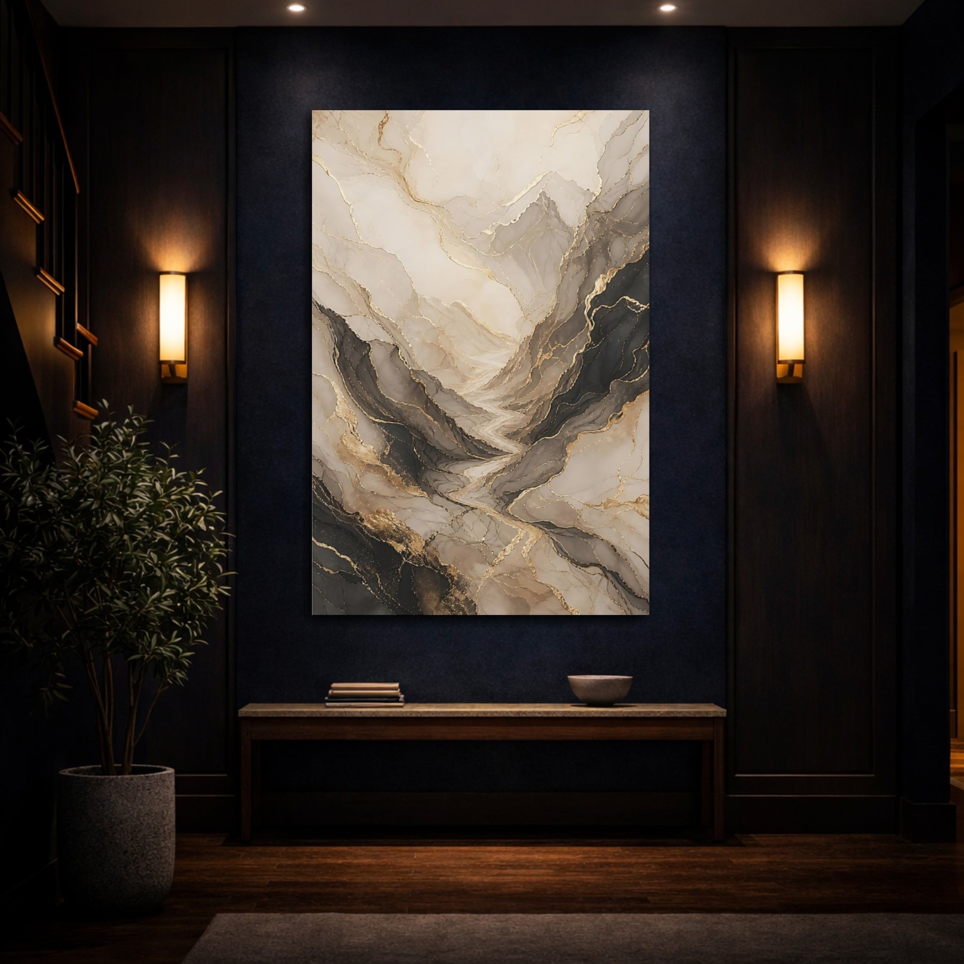 Mockup 4. Nature Abstract Mountains Neutral Gold shown as stretched canvas wall art
