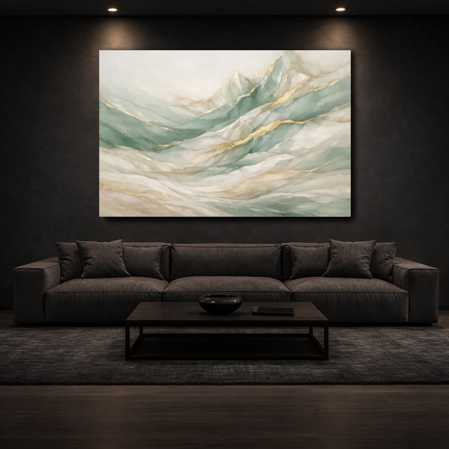 Mockup 2. Nature Abstract Mountains Sage Green Gold Mountains shown as stretched canvas wall art