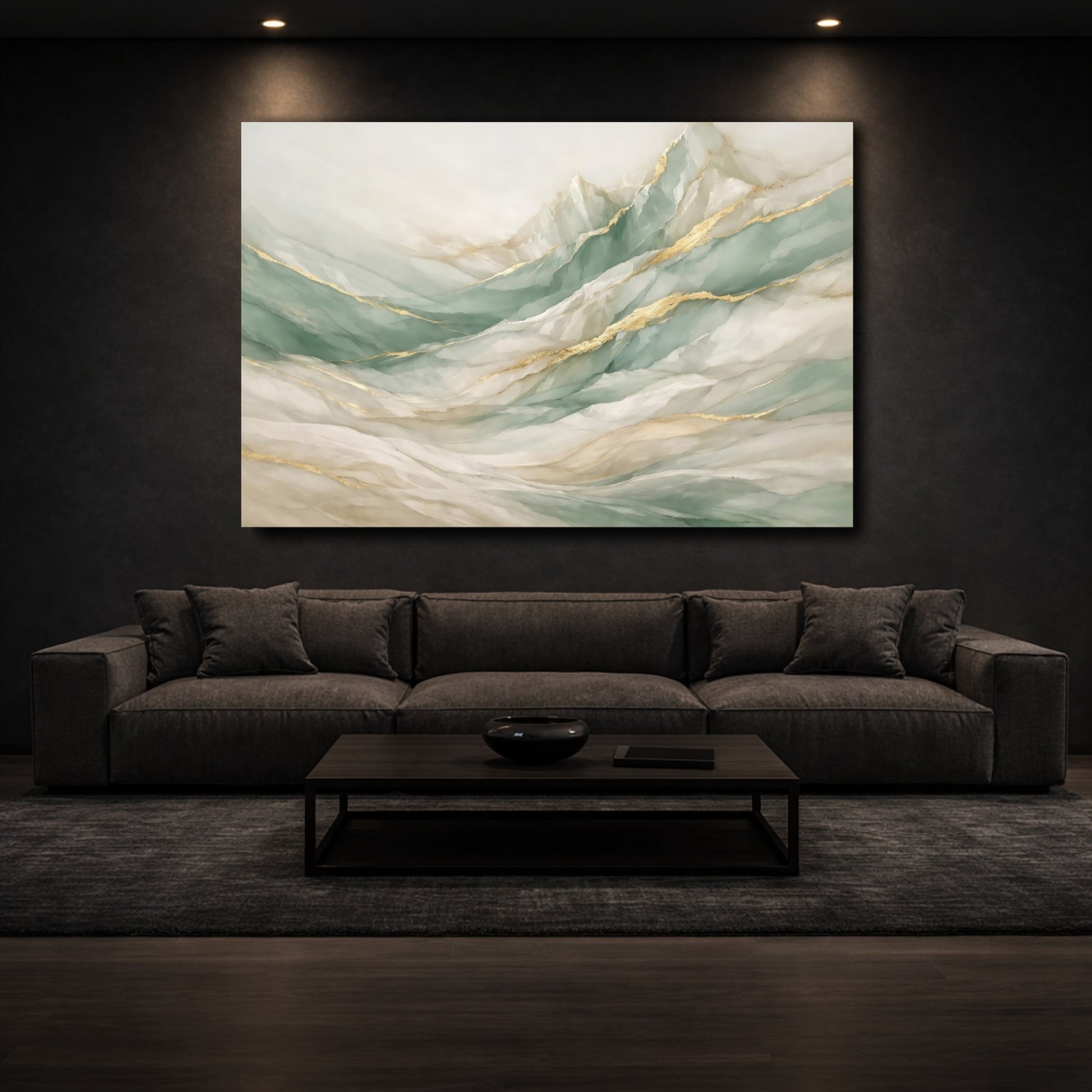 Mockup 2. Nature Abstract Mountains Sage Green Gold Mountains shown as stretched canvas wall art