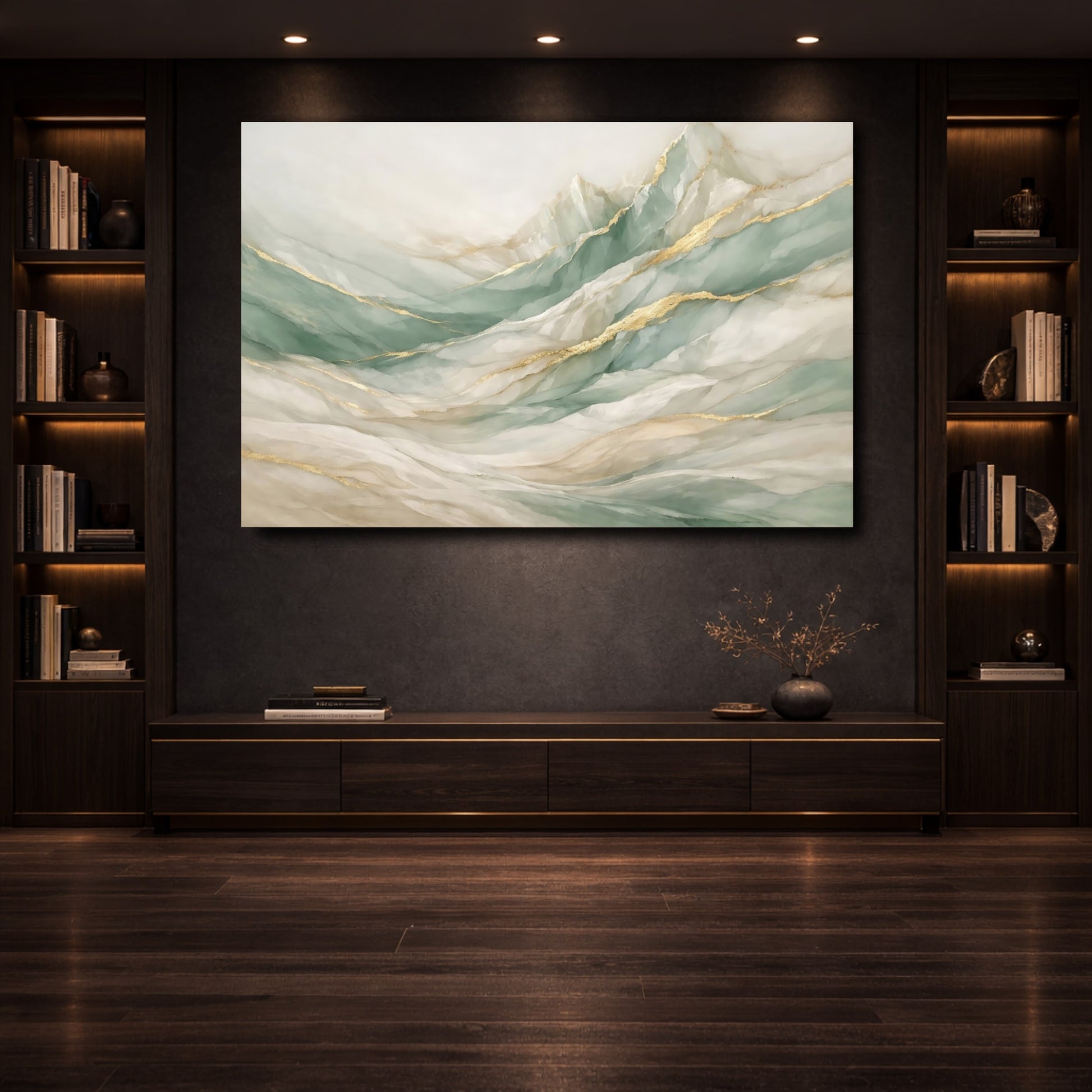 Mockup 3. Nature Abstract Mountains Sage Green Gold Mountains shown as stretched canvas wall art