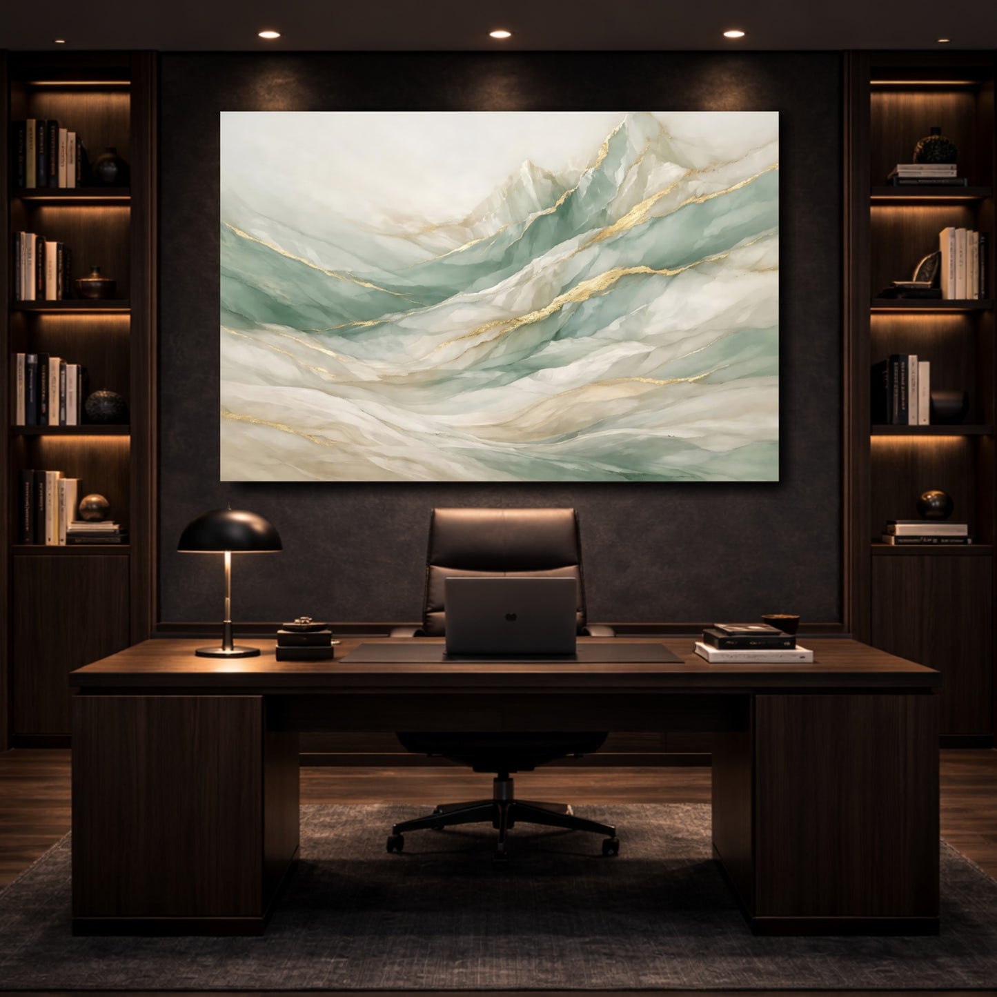Mockup 4. Nature Abstract Mountains Sage Green Gold Mountains shown as stretched canvas wall art