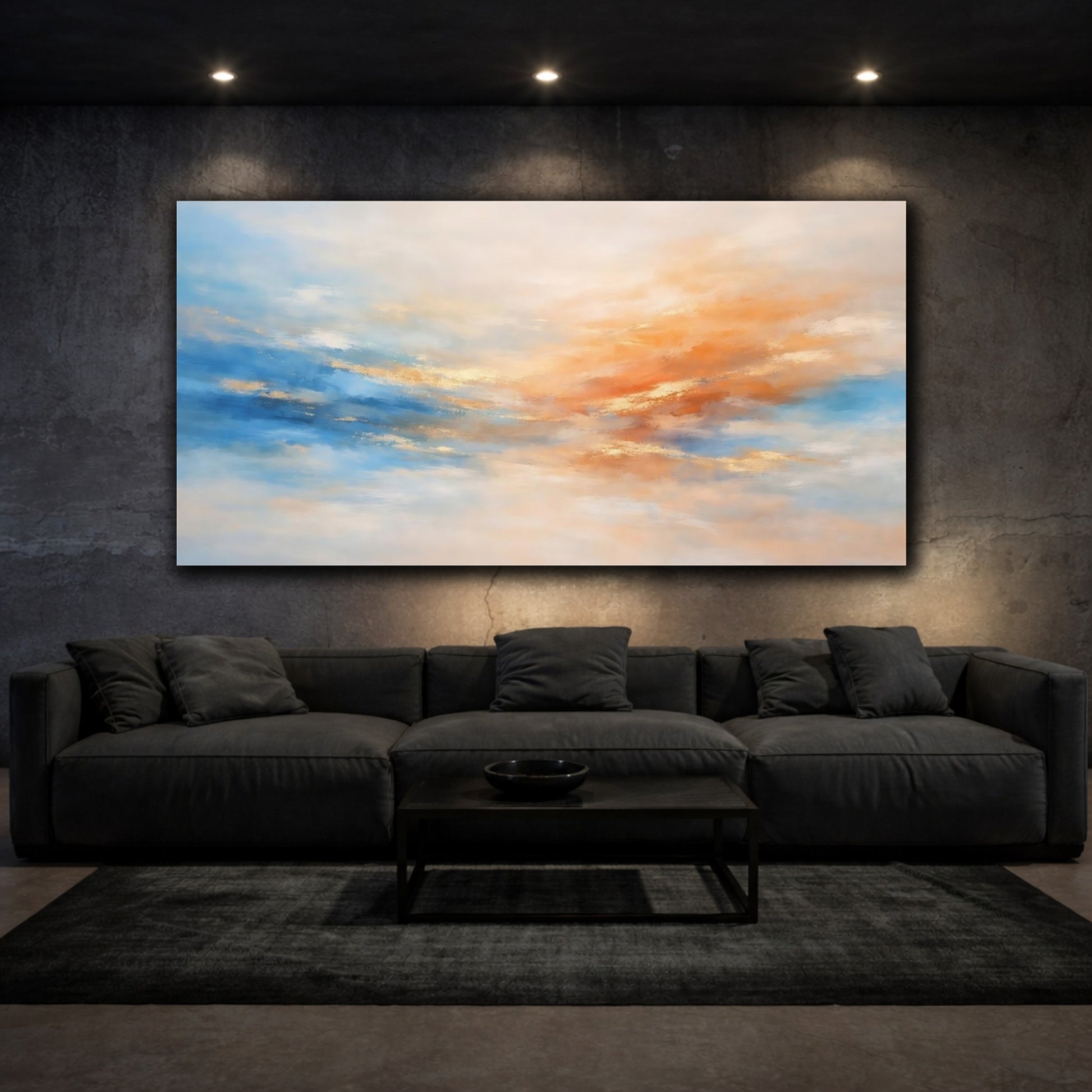 Mockup 2. Nature Abstract Sky Abstract Blue Orange Gold shown as stretched canvas wall art