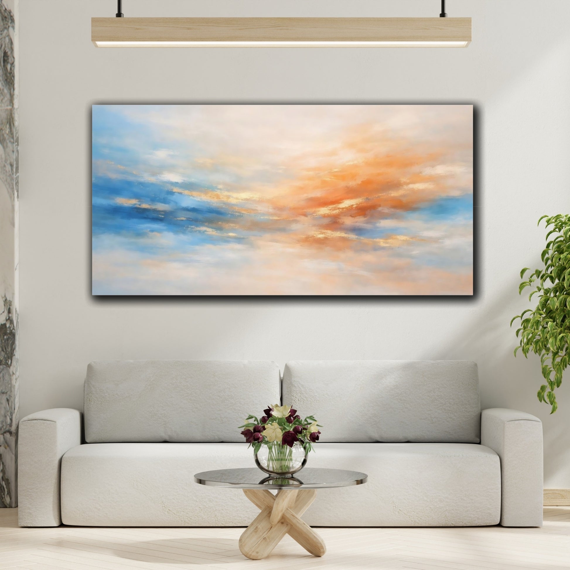 Mockup 3. Nature Abstract Sky Abstract Blue Orange Gold shown as stretched canvas wall art