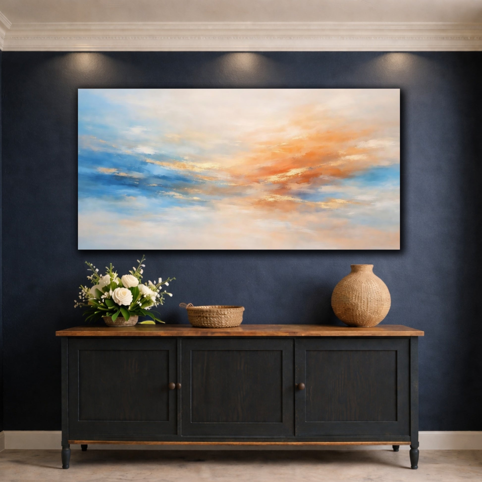 Mockup 4. Nature Abstract Sky Abstract Blue Orange Gold shown as stretched canvas wall art