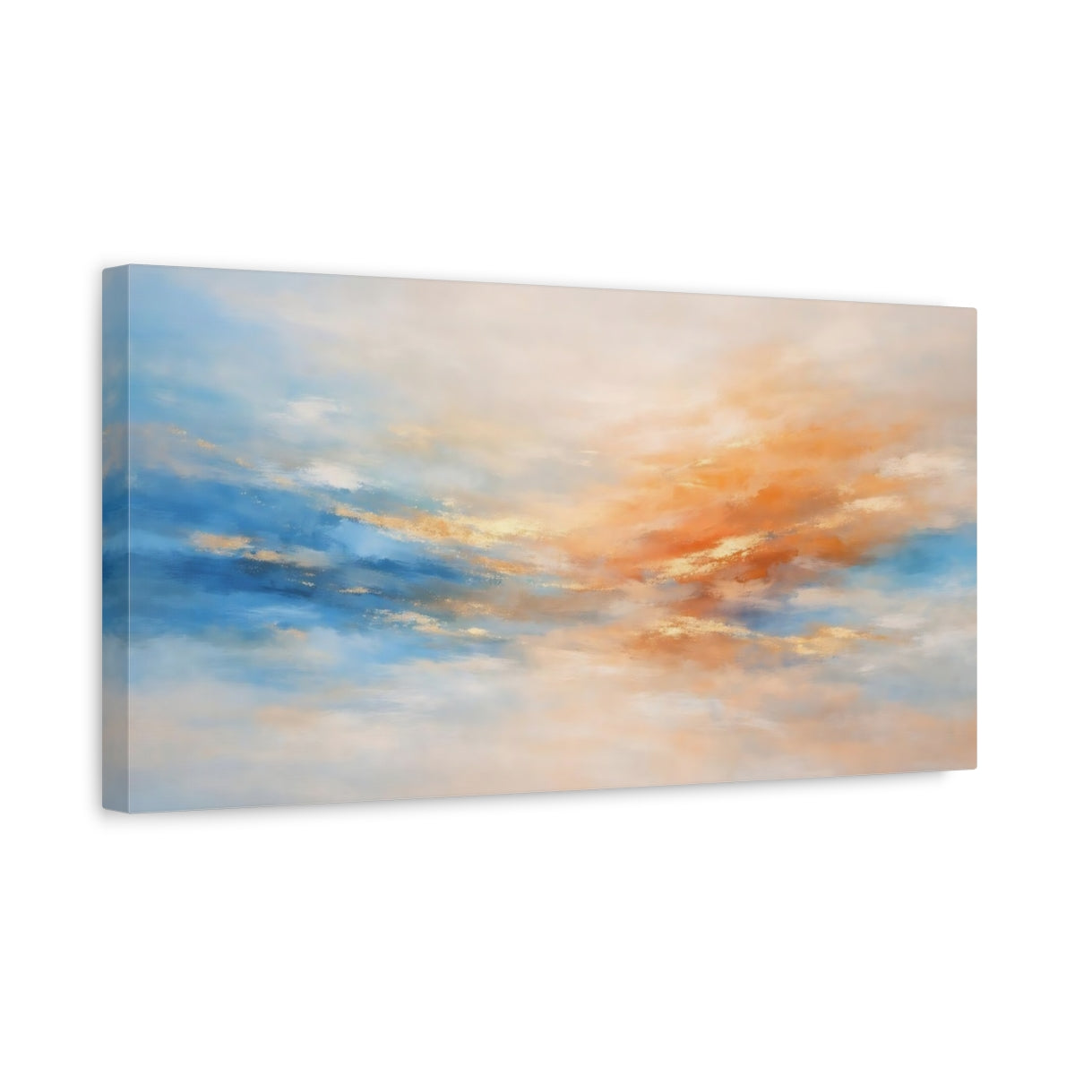 Side Mockup 3. Nature Abstract Sky Abstract Blue Orange Gold shown as stretched canvas wall art