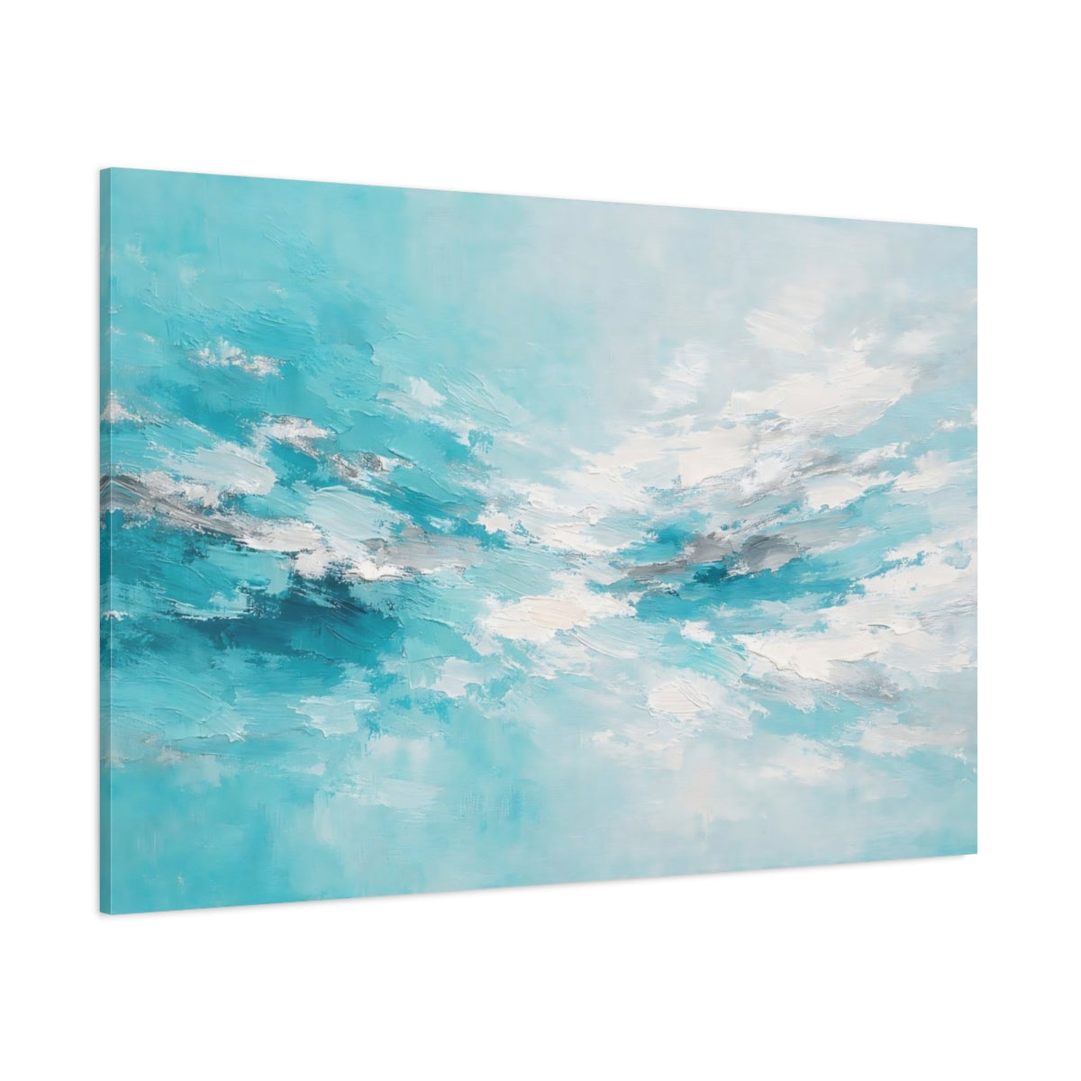 Main Mockup. Nature Abstract Sky Teal And Silver shown as stretched canvas wall art