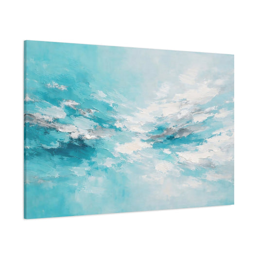 Main Mockup. Nature Abstract Sky Teal And Silver shown as stretched canvas wall art