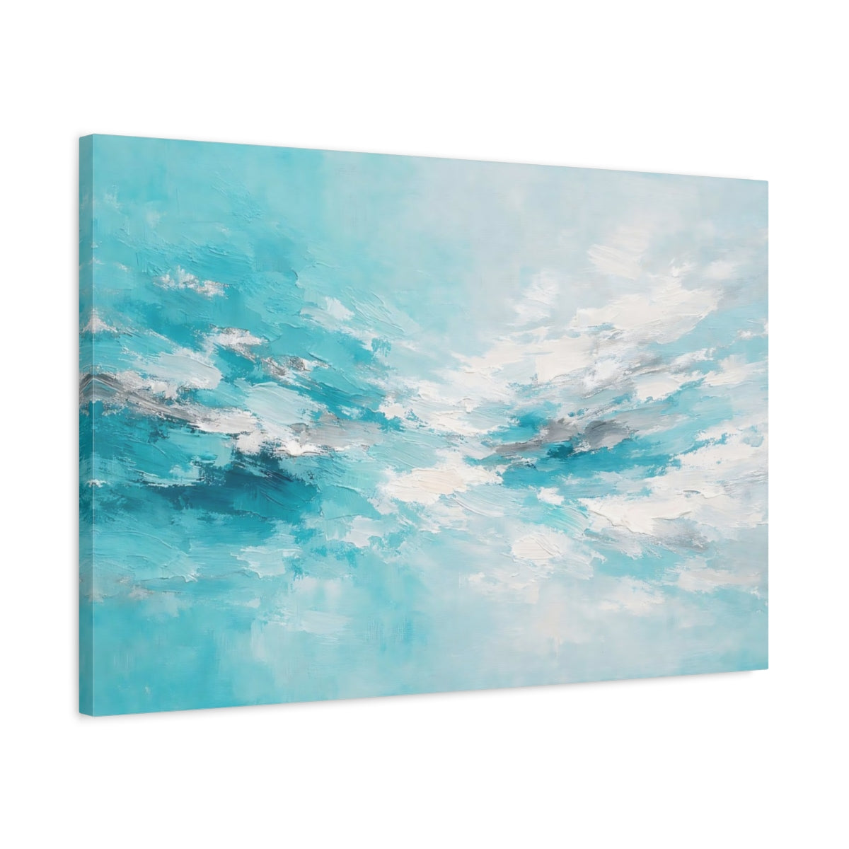 Side Mockup 2. Nature Abstract Sky Teal And Silver shown as stretched canvas wall art