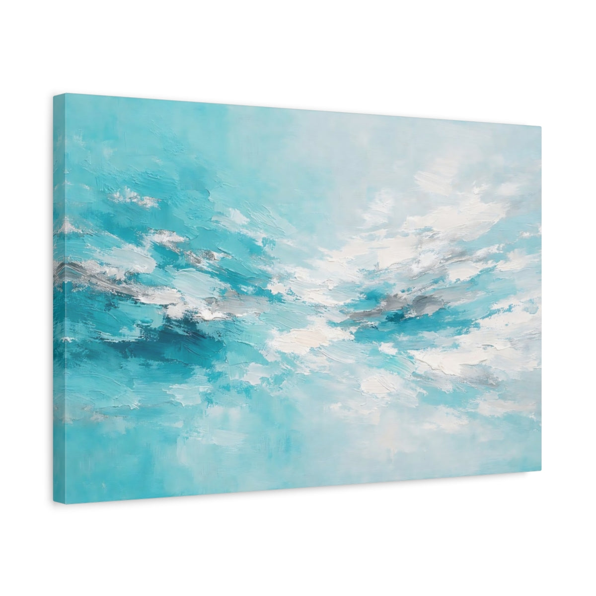Side Mockup 3. Nature Abstract Sky Teal And Silver shown as stretched canvas wall art