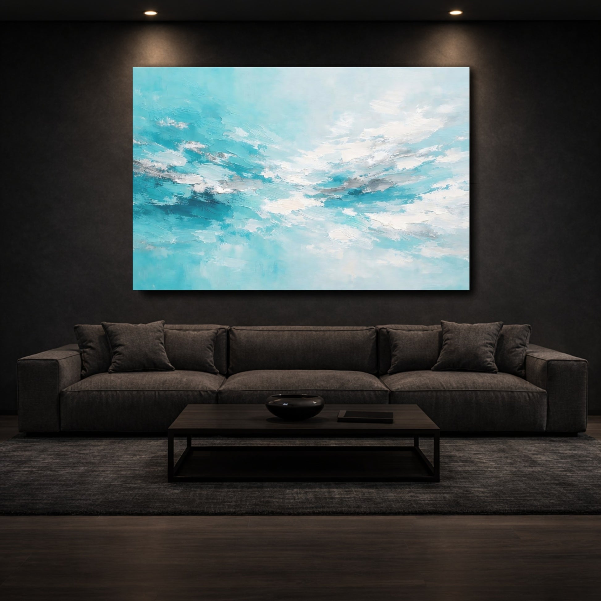 Mockup 2. Nature Abstract Sky Teal And Silver shown as stretched canvas wall art