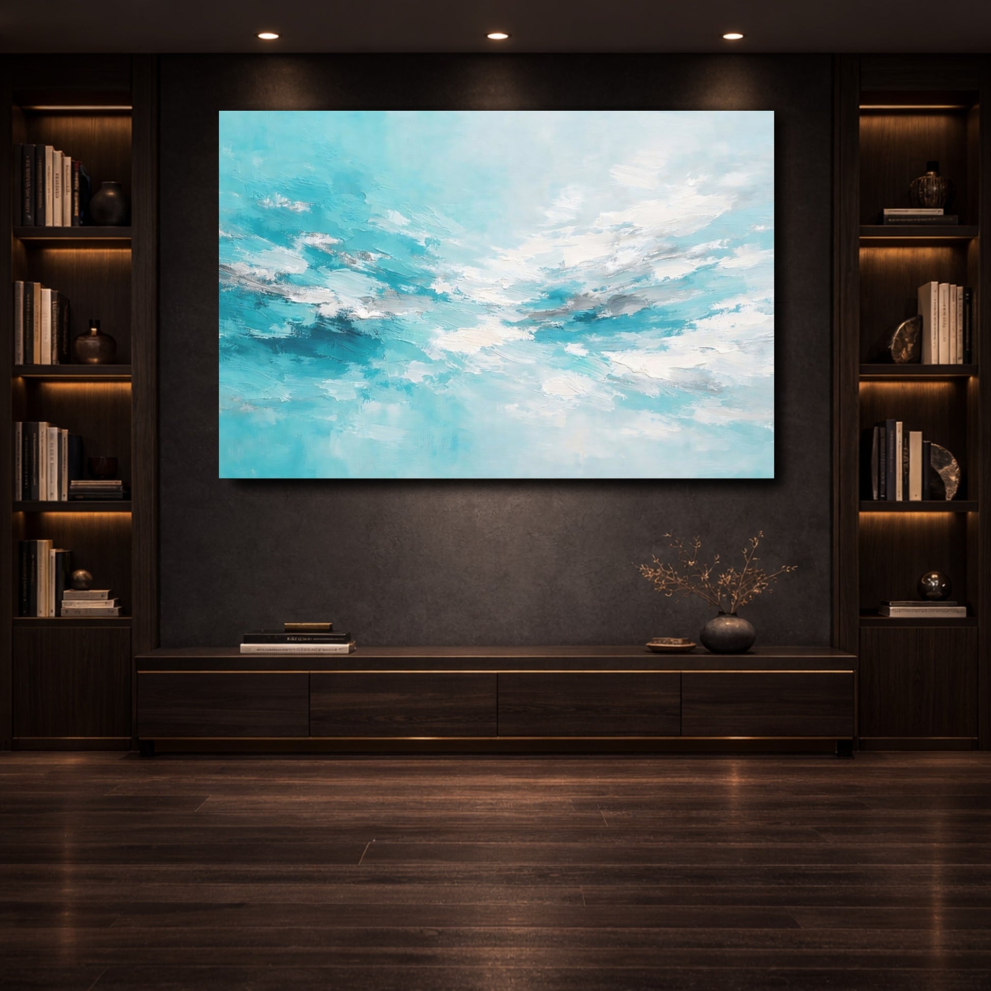 Mockup 3. Nature Abstract Sky Teal And Silver shown as stretched canvas wall art