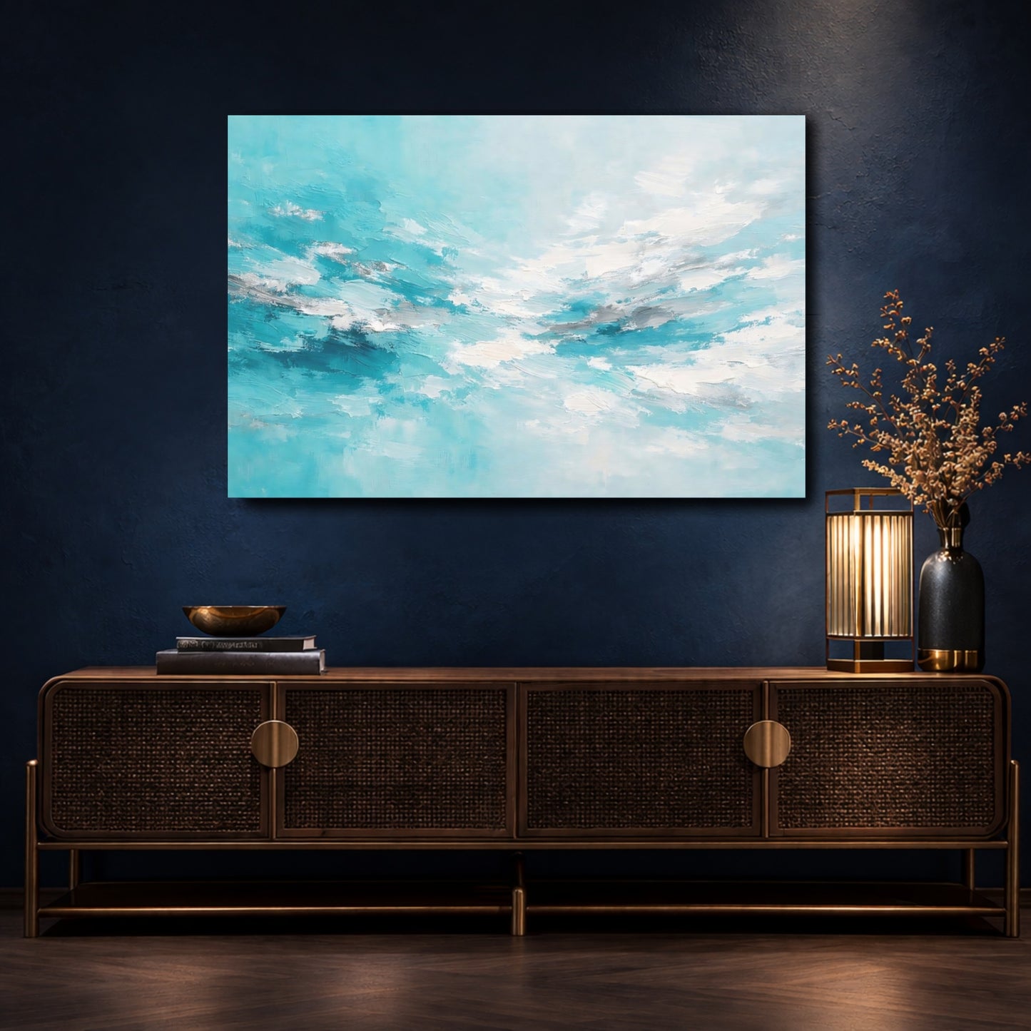 Mockup 4. Nature Abstract Sky Teal And Silver shown as stretched canvas wall art