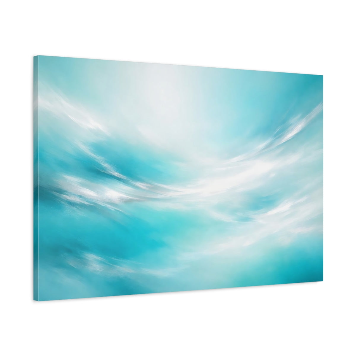 Side Mockup 1. Nature Abstract Sky Teal And White shown as stretched canvas wall art