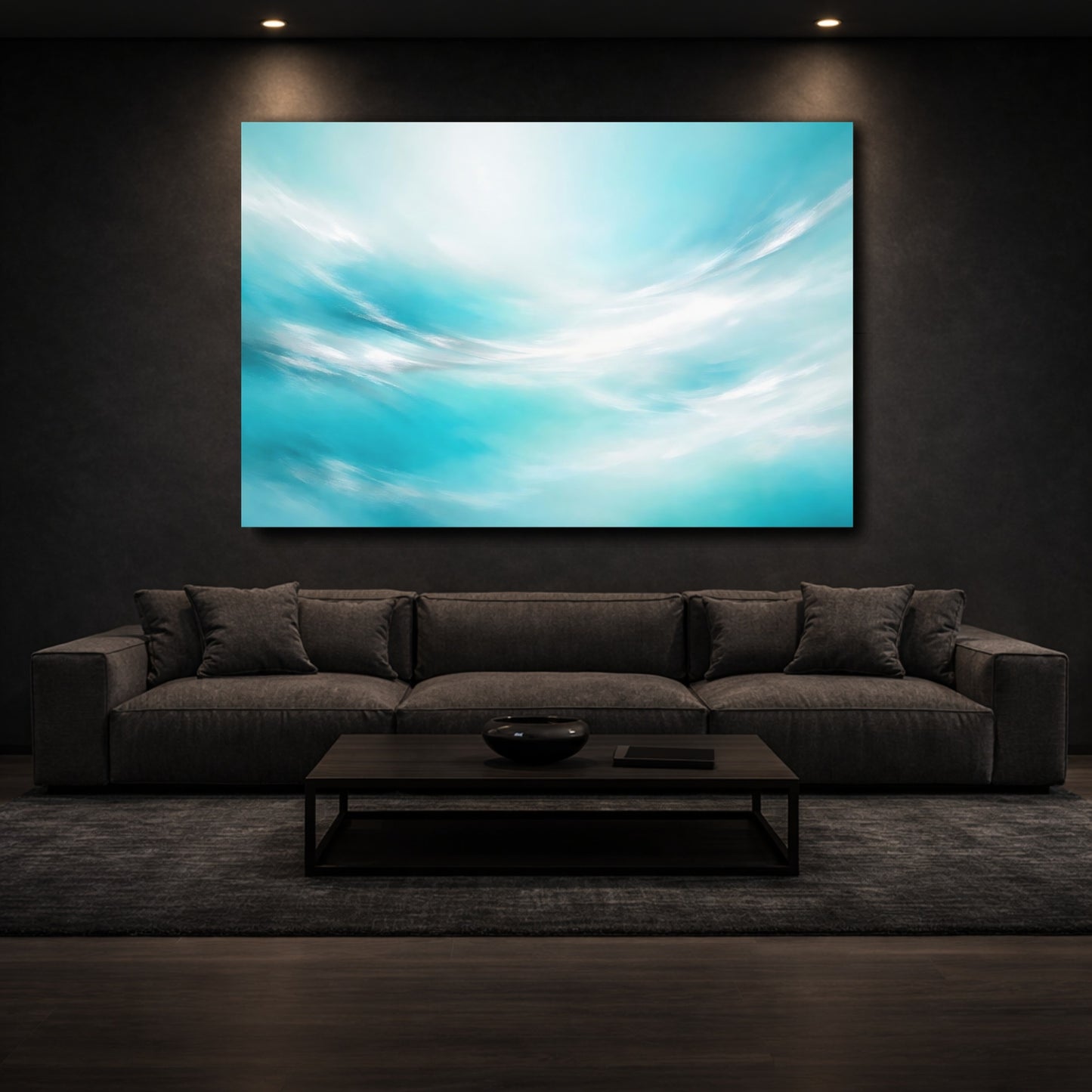 Mockup 2. Nature Abstract Sky Teal And White shown as stretched canvas wall art