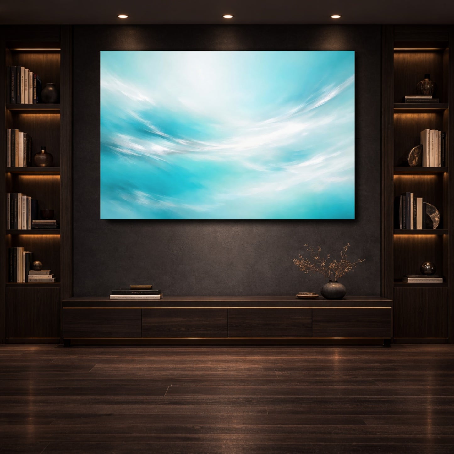 Mockup 3. Nature Abstract Sky Teal And White shown as stretched canvas wall art