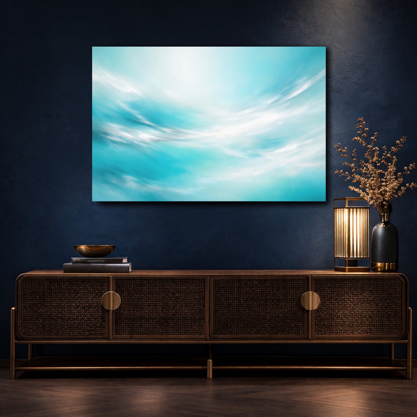 Mockup 4. Nature Abstract Sky Teal And White shown as stretched canvas wall art