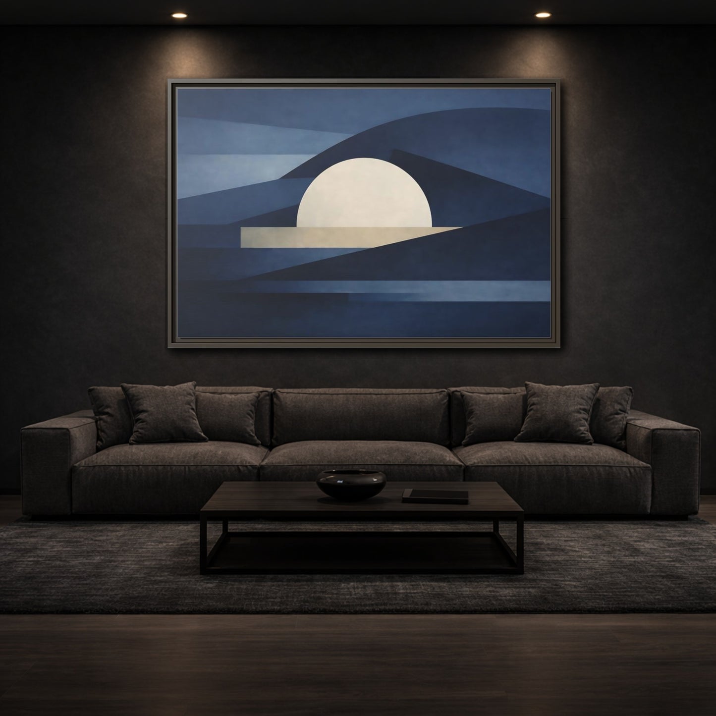 Mockup 2. Nature Abstract Sun Blue And Beige shown as stretched canvas wall art