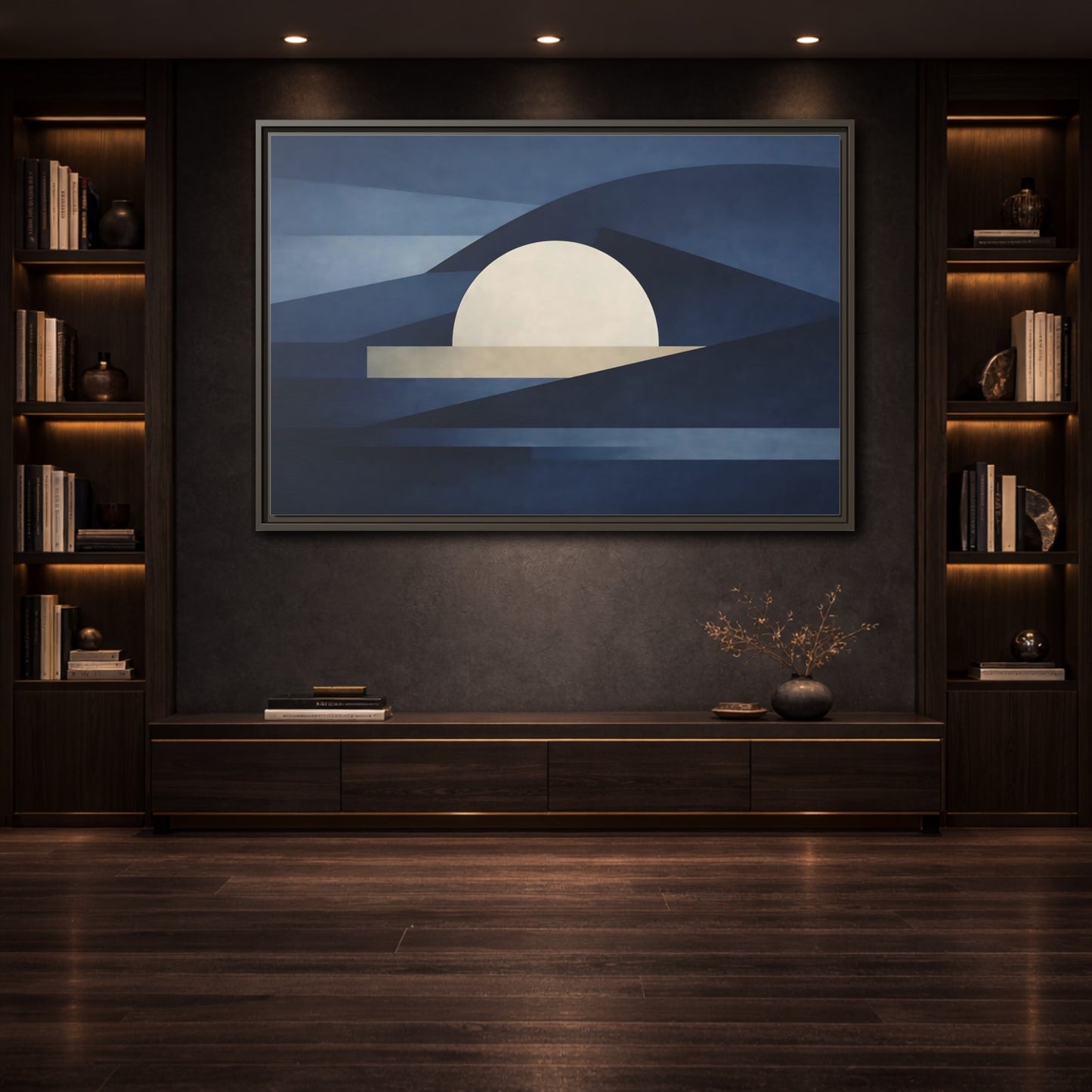 Mockup 3. Nature Abstract Sun Blue And Beige shown as stretched canvas wall art