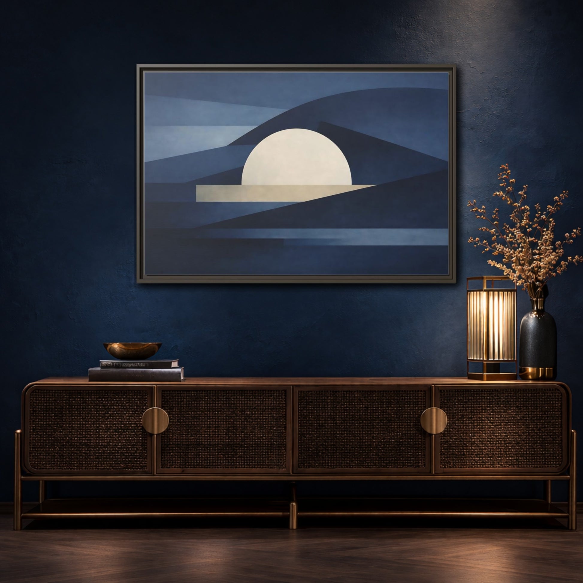 Mockup 4. Nature Abstract Sun Blue And Beige shown as stretched canvas wall art