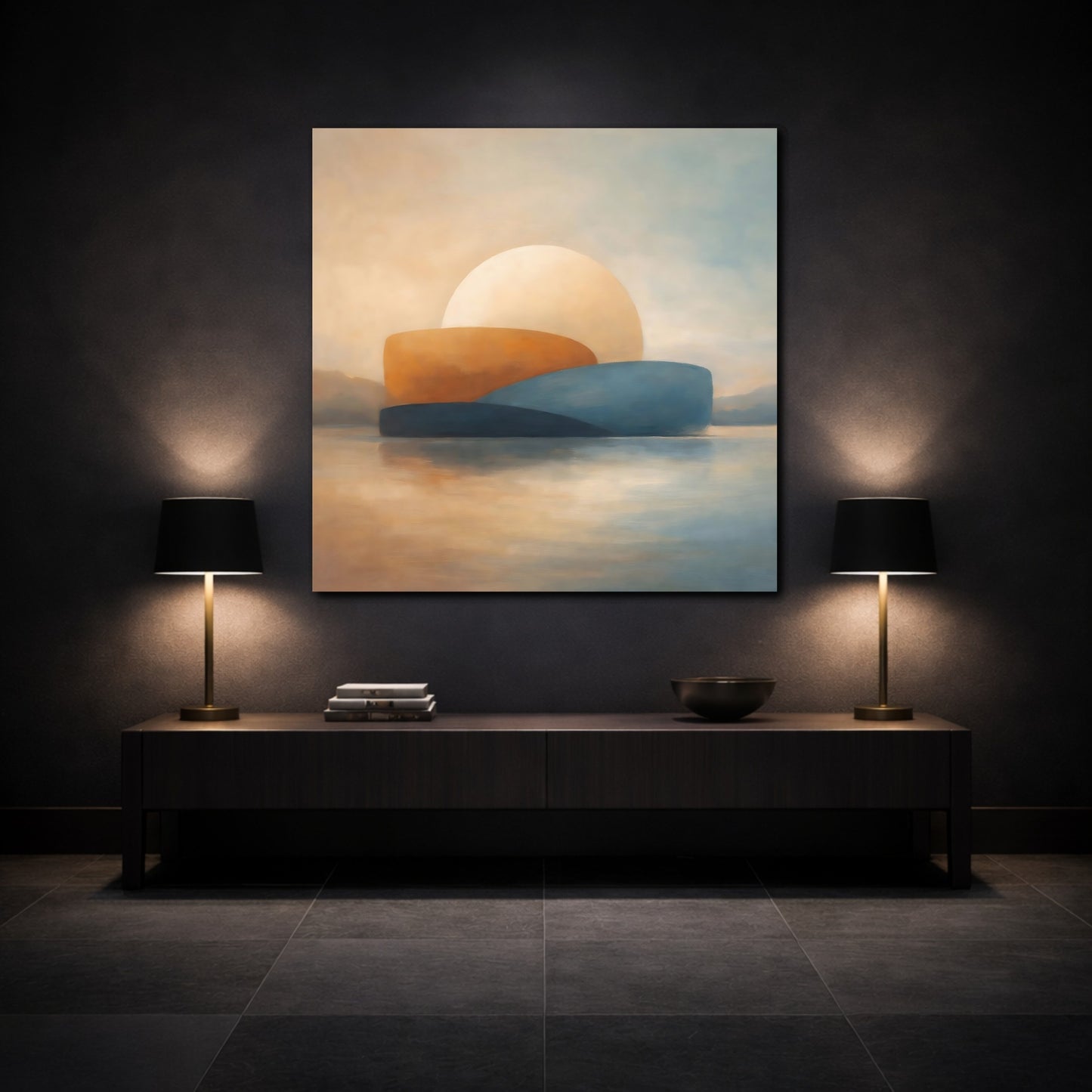 Mockup 3. Nature Abstract Sunset Coastal Sunset shown as stretched canvas wall art