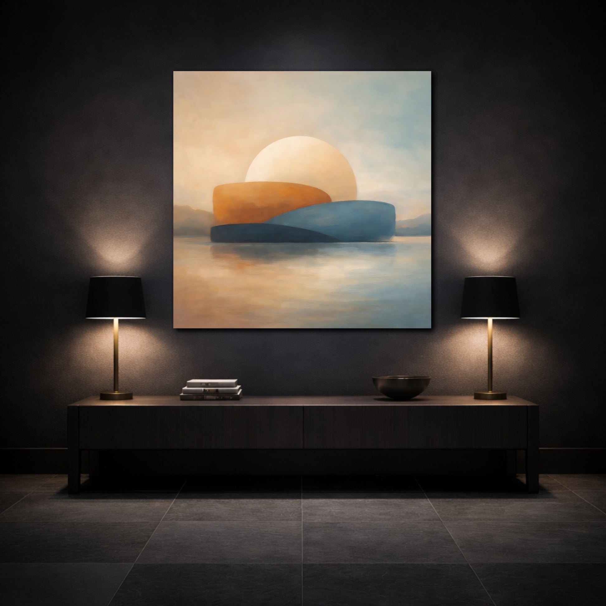 Mockup 3. Nature Abstract Sunset Coastal Sunset shown as stretched canvas wall art