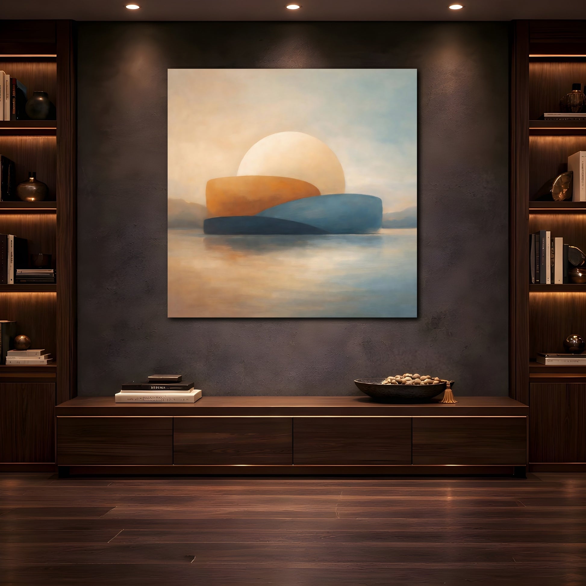 Mockup 4. Nature Abstract Sunset Coastal Sunset shown as stretched canvas wall art