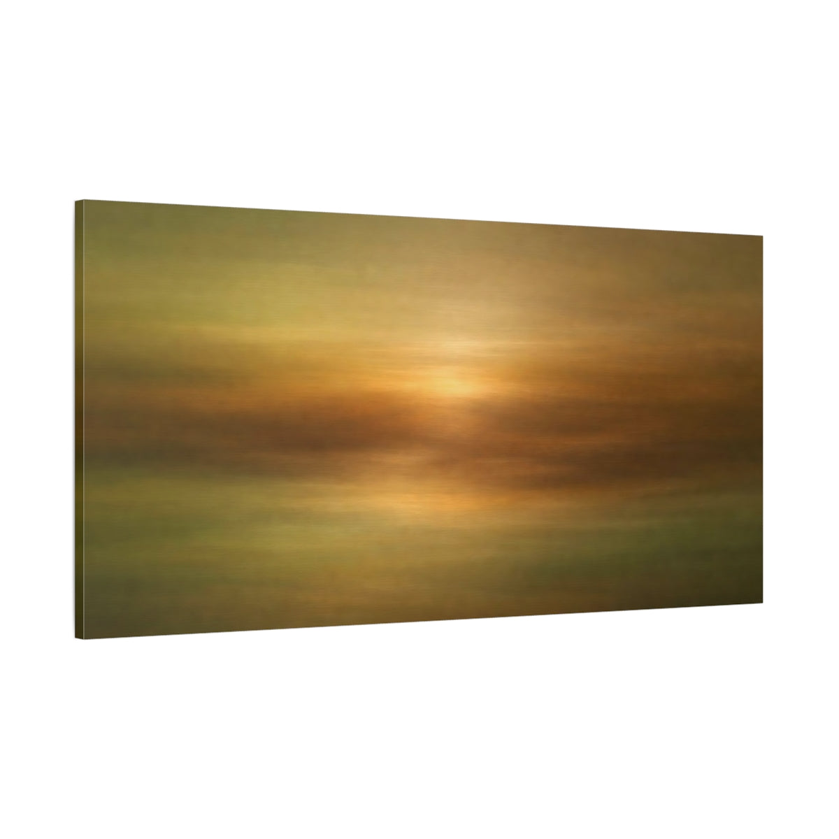 Main Mockup. Nature Abstract Sunset Gold And Green Abstract shown as stretched canvas wall art
