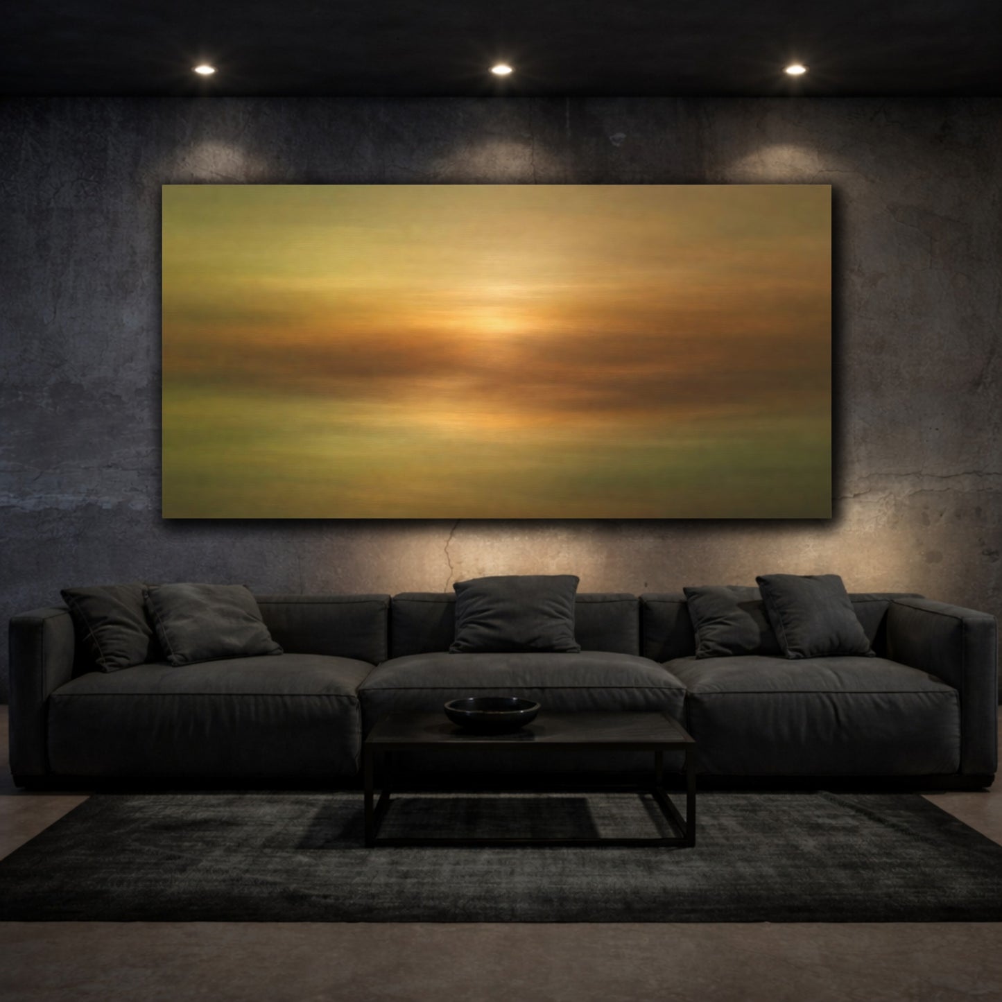 Mockup 2. Nature Abstract Sunset Gold And Green Abstract shown as stretched canvas wall art