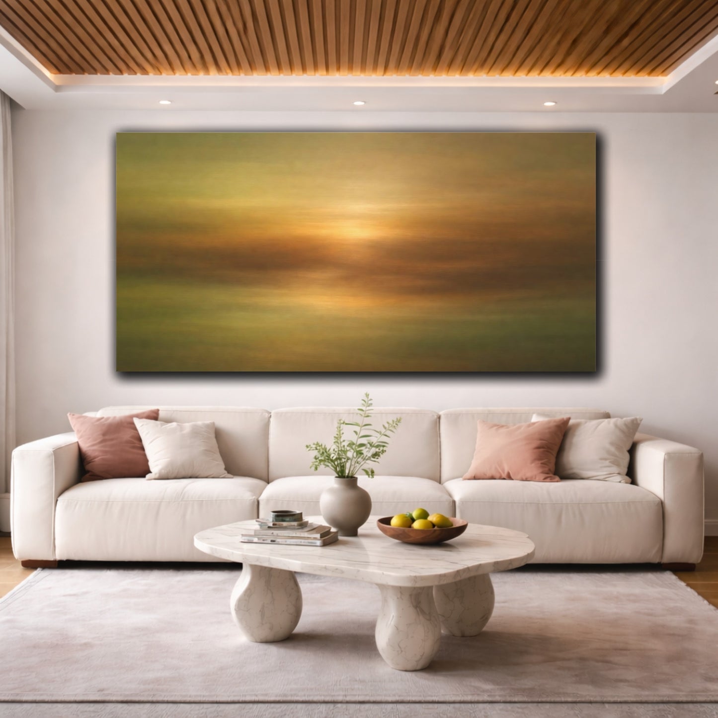 Mockup 3. Nature Abstract Sunset Gold And Green Abstract shown as stretched canvas wall art