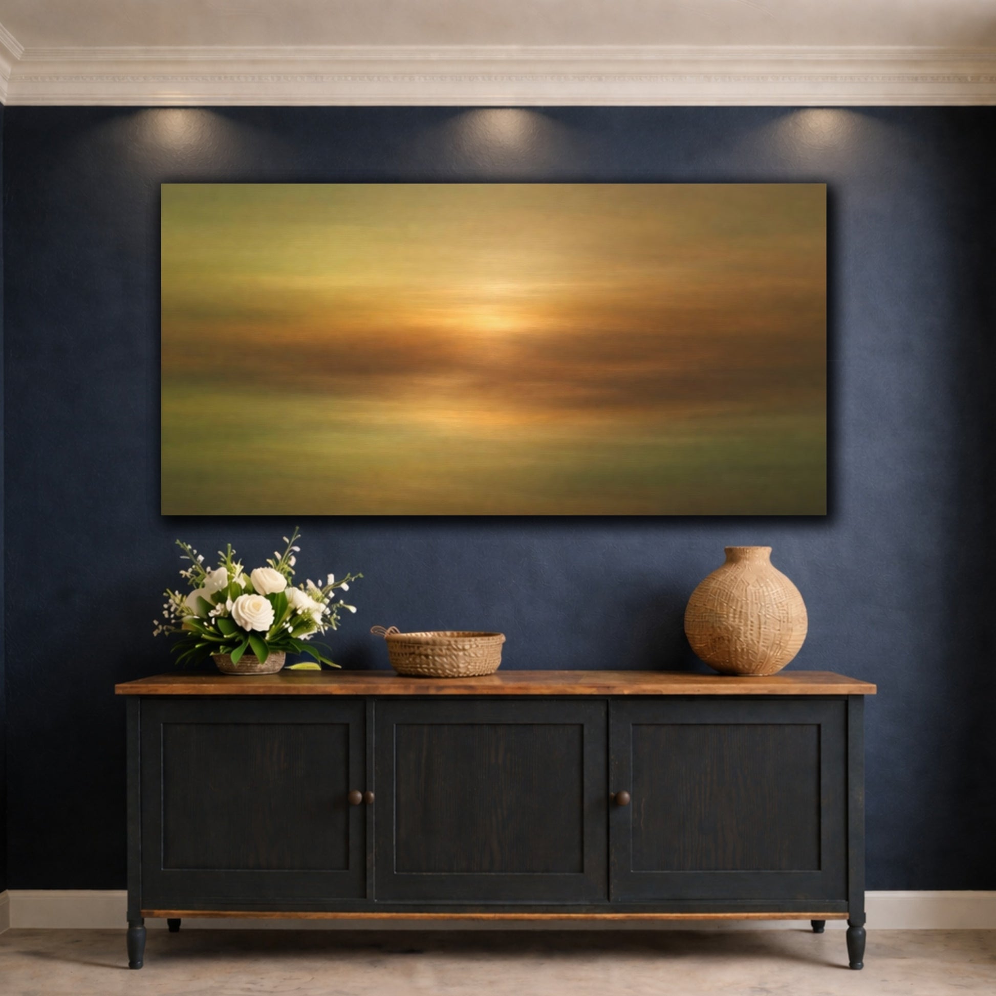 Mockup 4. Nature Abstract Sunset Gold And Green Abstract shown as stretched canvas wall art