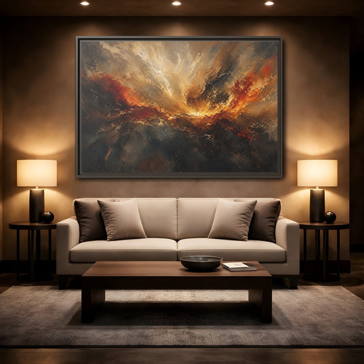 Nature Abstract Swirl Gold Grey Framed Canvas Wall Art Print – Living Room, Large - YesArtYes