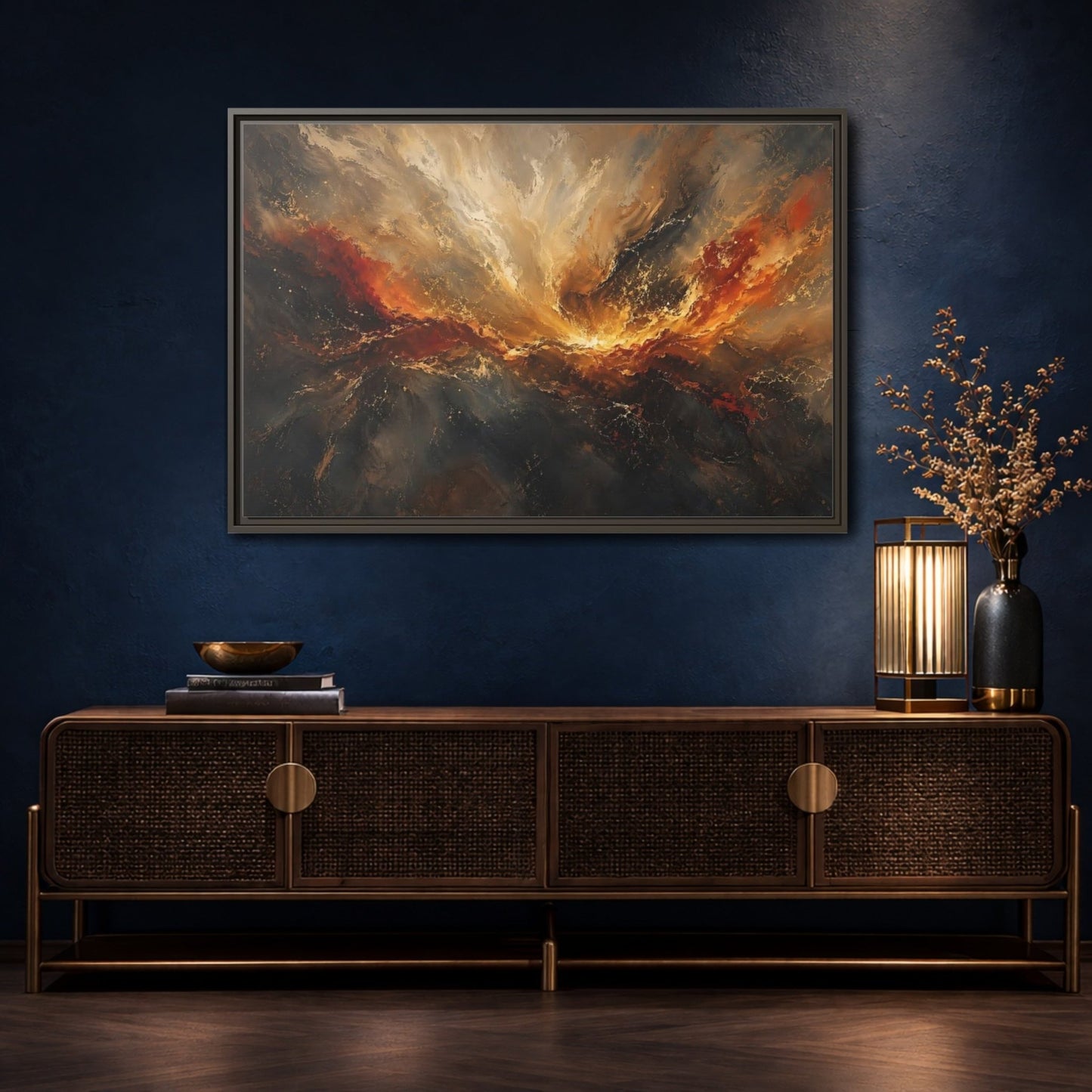 Nature Abstract Swirl Gold Grey Framed Canvas Wall Art Print – Living Room, Large - YesArtYes