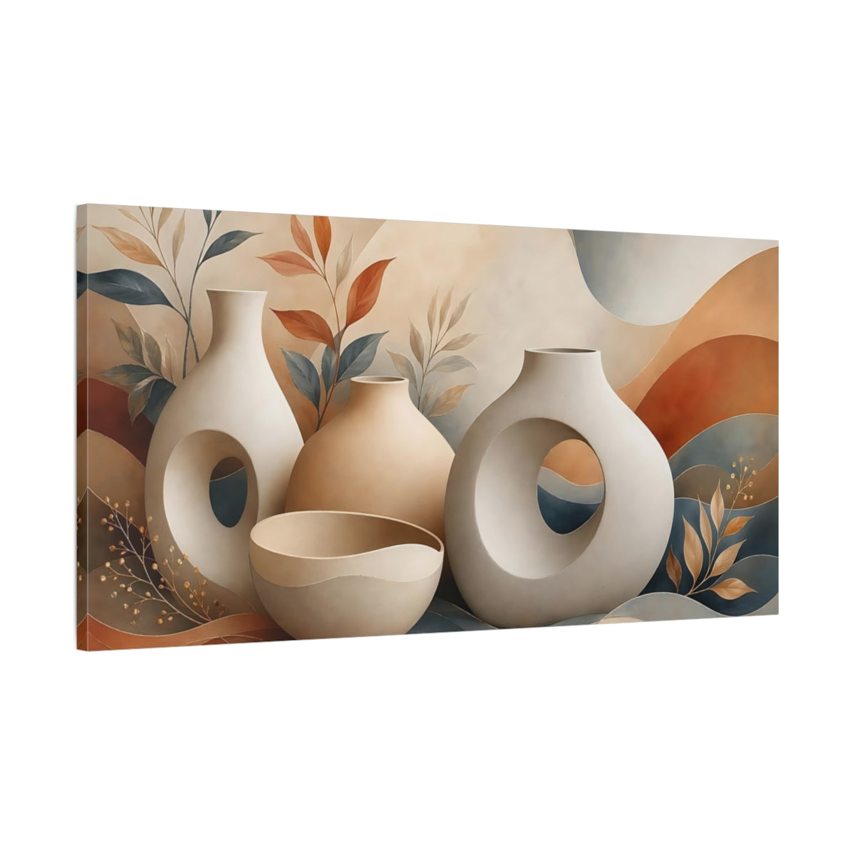 Main Mockup. Nature Abstract Vases Earthy Tones shown as stretched canvas wall art
