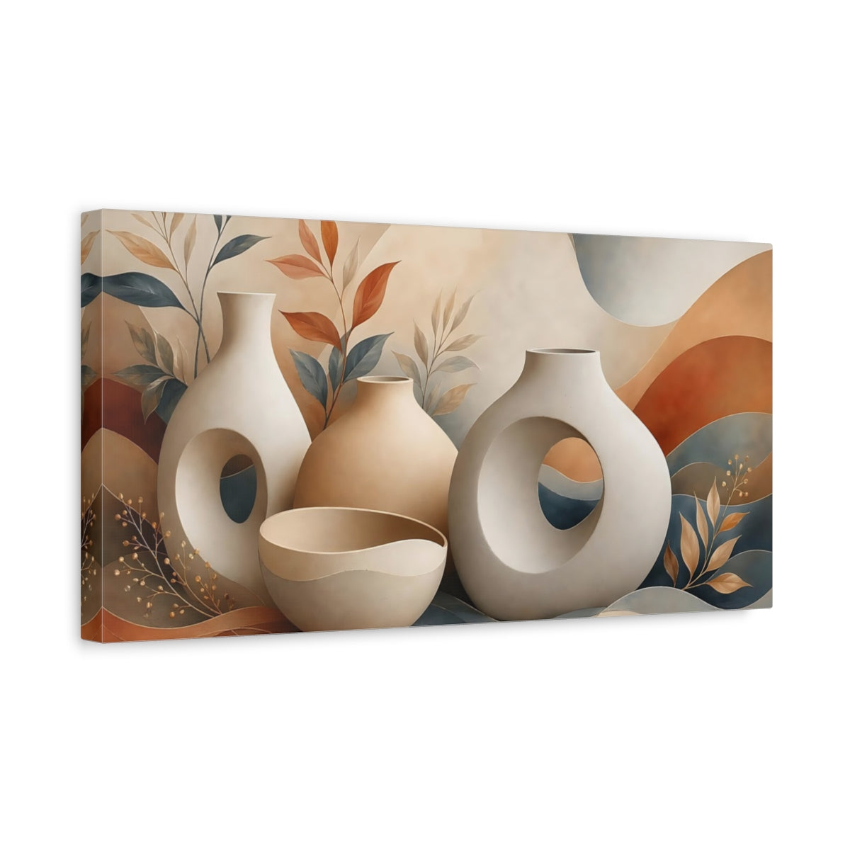 Side Mockup 3. Nature Abstract Vases Earthy Tones shown as stretched canvas wall art