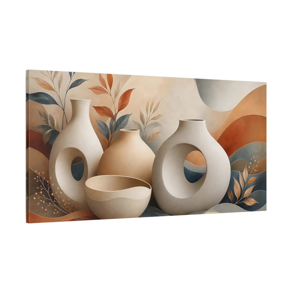 Side Mockup 2. Nature Abstract Vases Earthy Tones shown as stretched canvas wall art