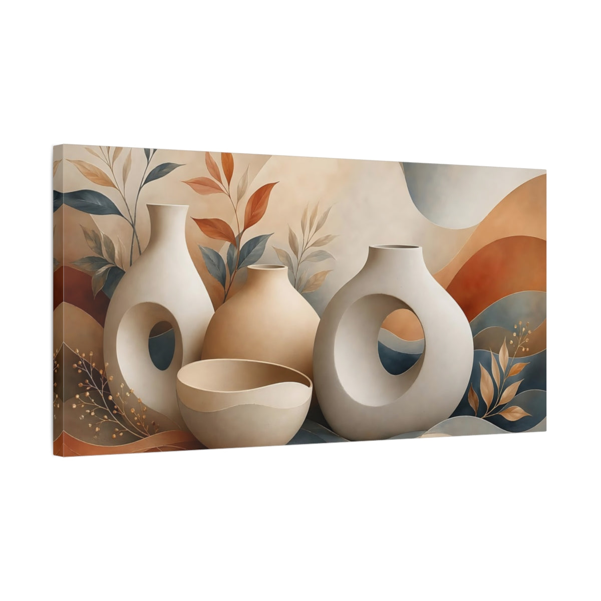 Side Mockup 1. Nature Abstract Vases Earthy Tones shown as stretched canvas wall art