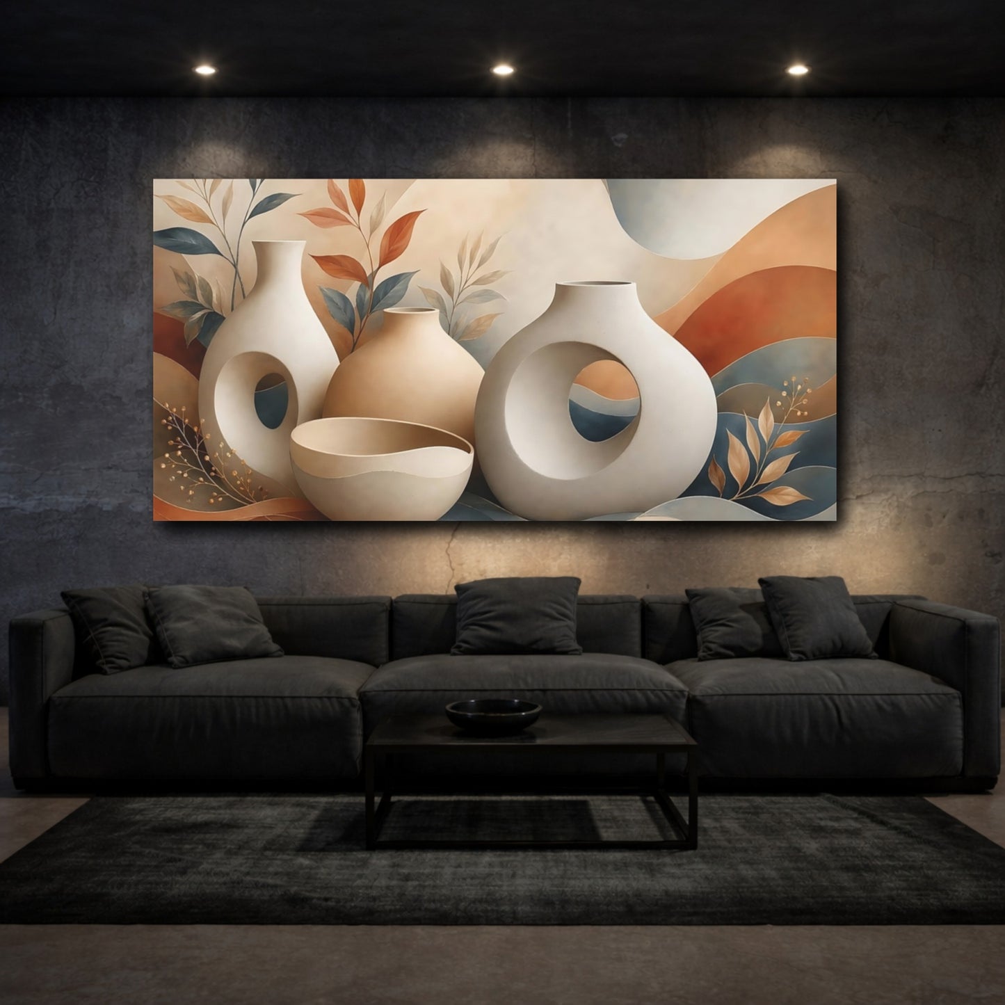 Mockup 2. Nature Abstract Vases Earthy Tones shown as stretched canvas wall art