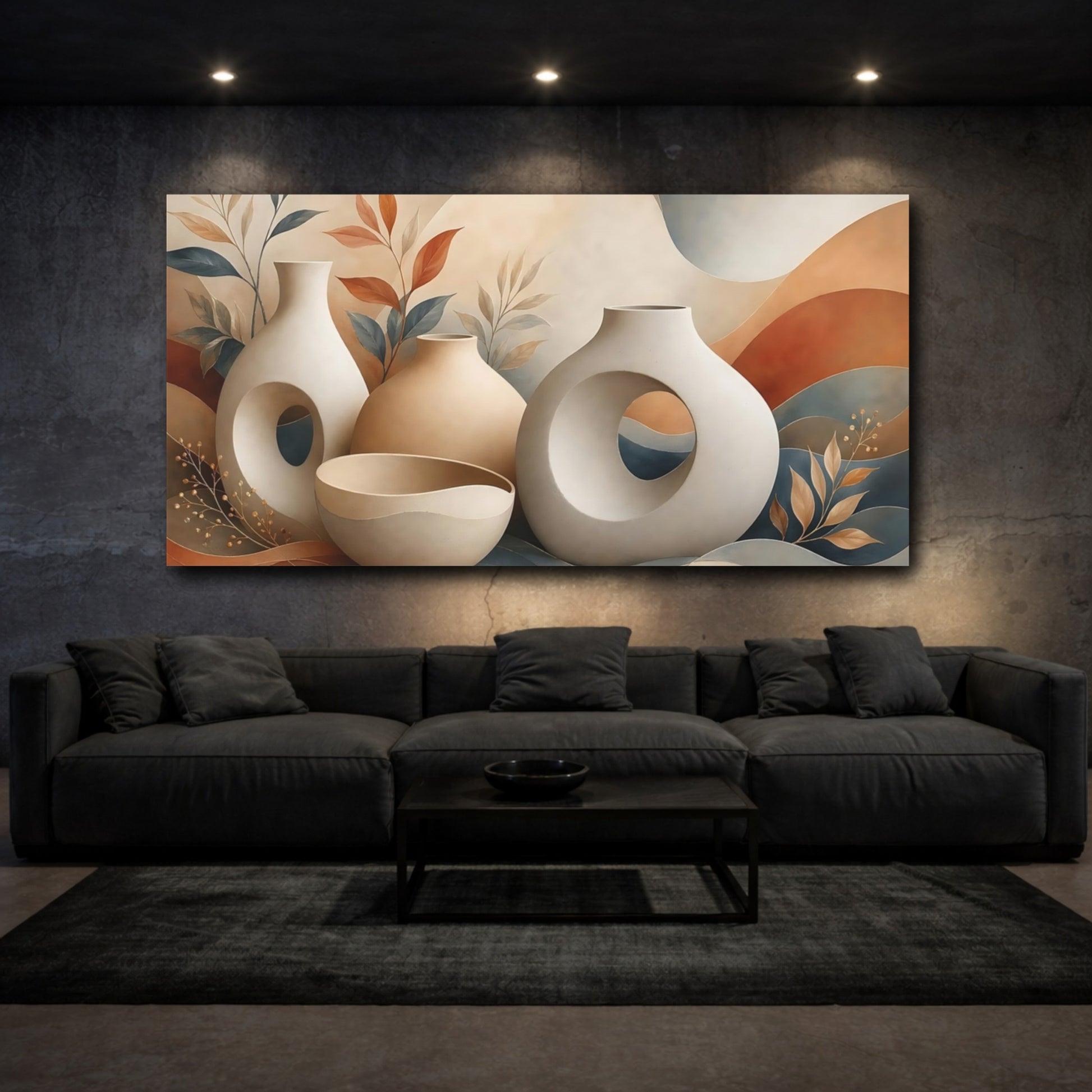 Mockup 2. Nature Abstract Vases Earthy Tones shown as stretched canvas wall art