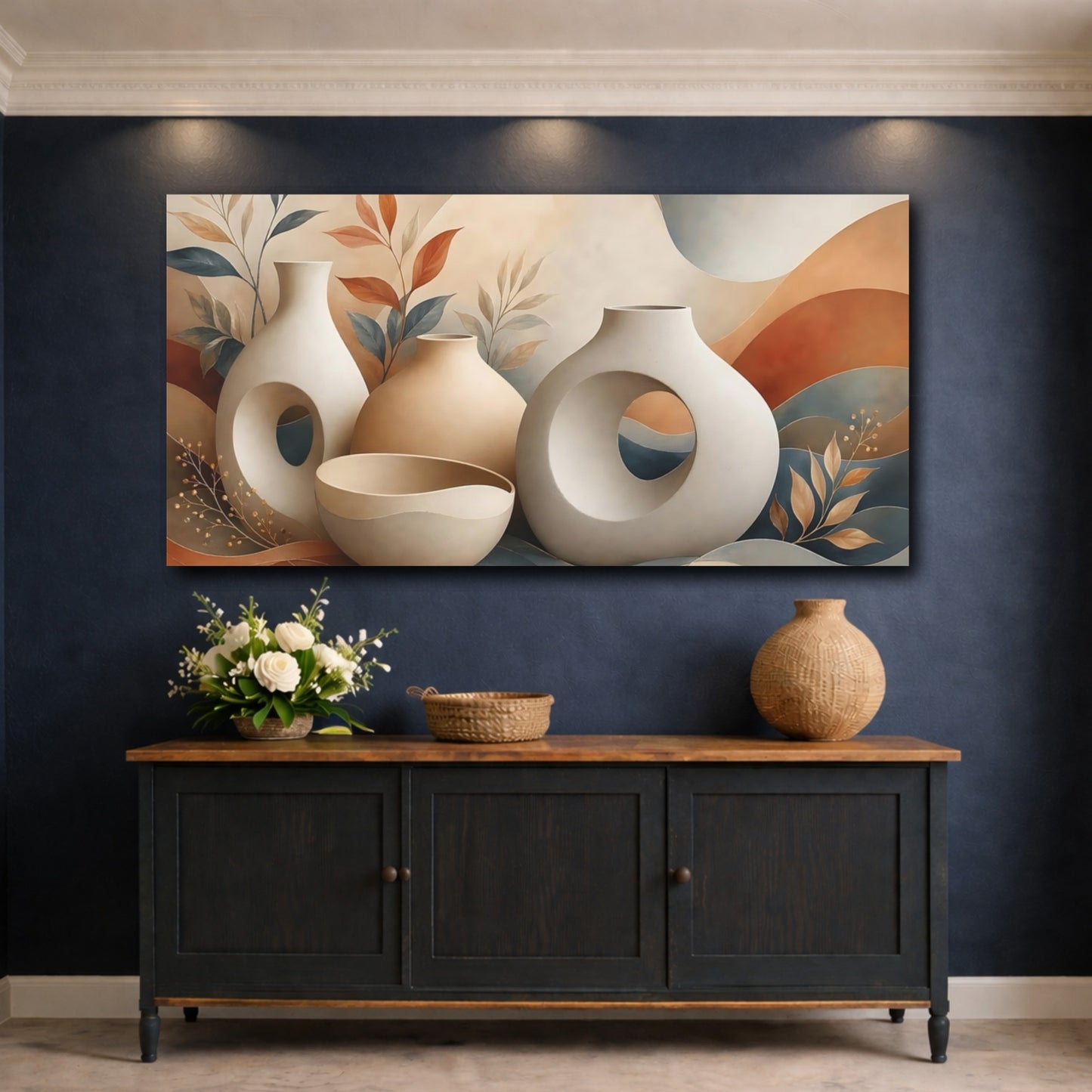 Mockup 4. Nature Abstract Vases Earthy Tones shown as stretched canvas wall art