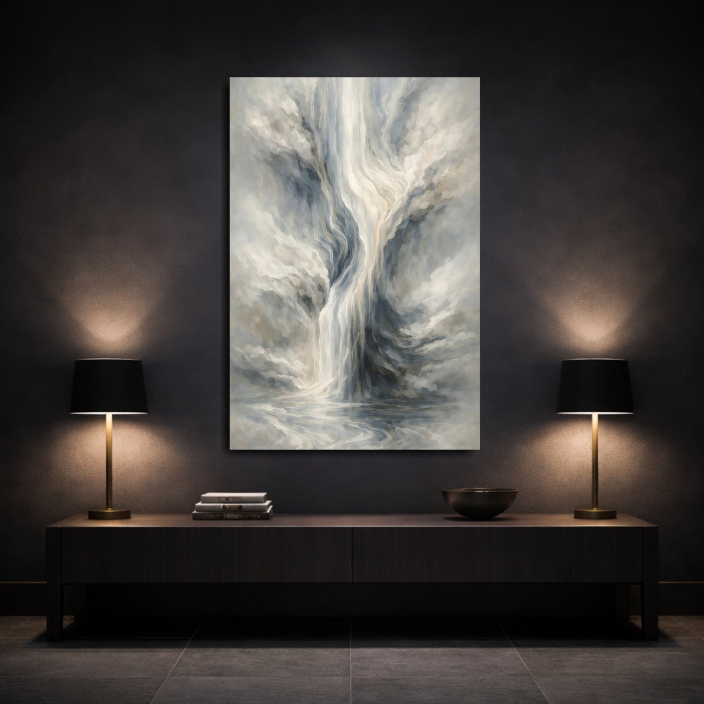 Mockup 2. Nature Abstract Waterfall Grey Blue Abstract shown as stretched canvas wall art