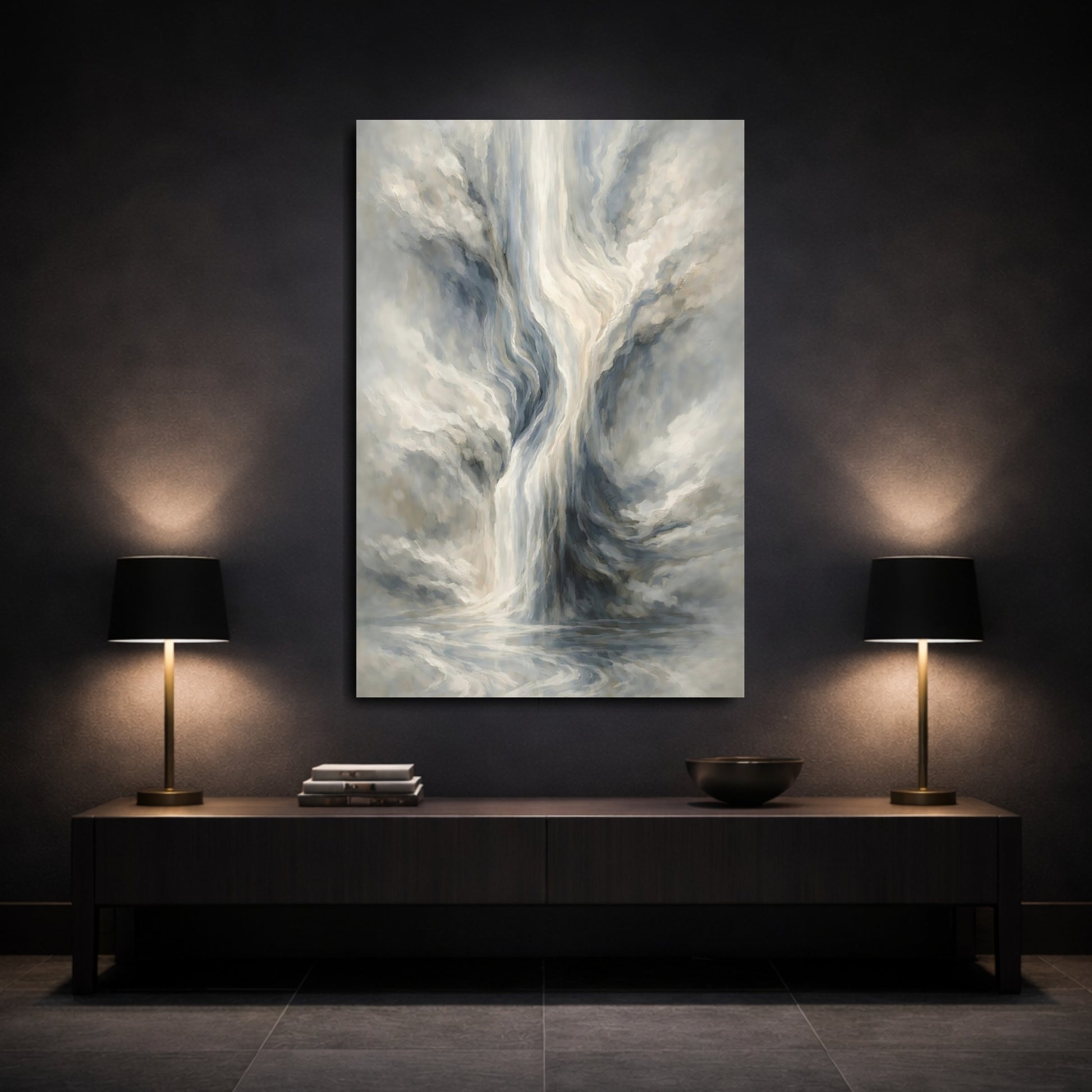Mockup 2. Nature Abstract Waterfall Grey Blue Abstract shown as stretched canvas wall art