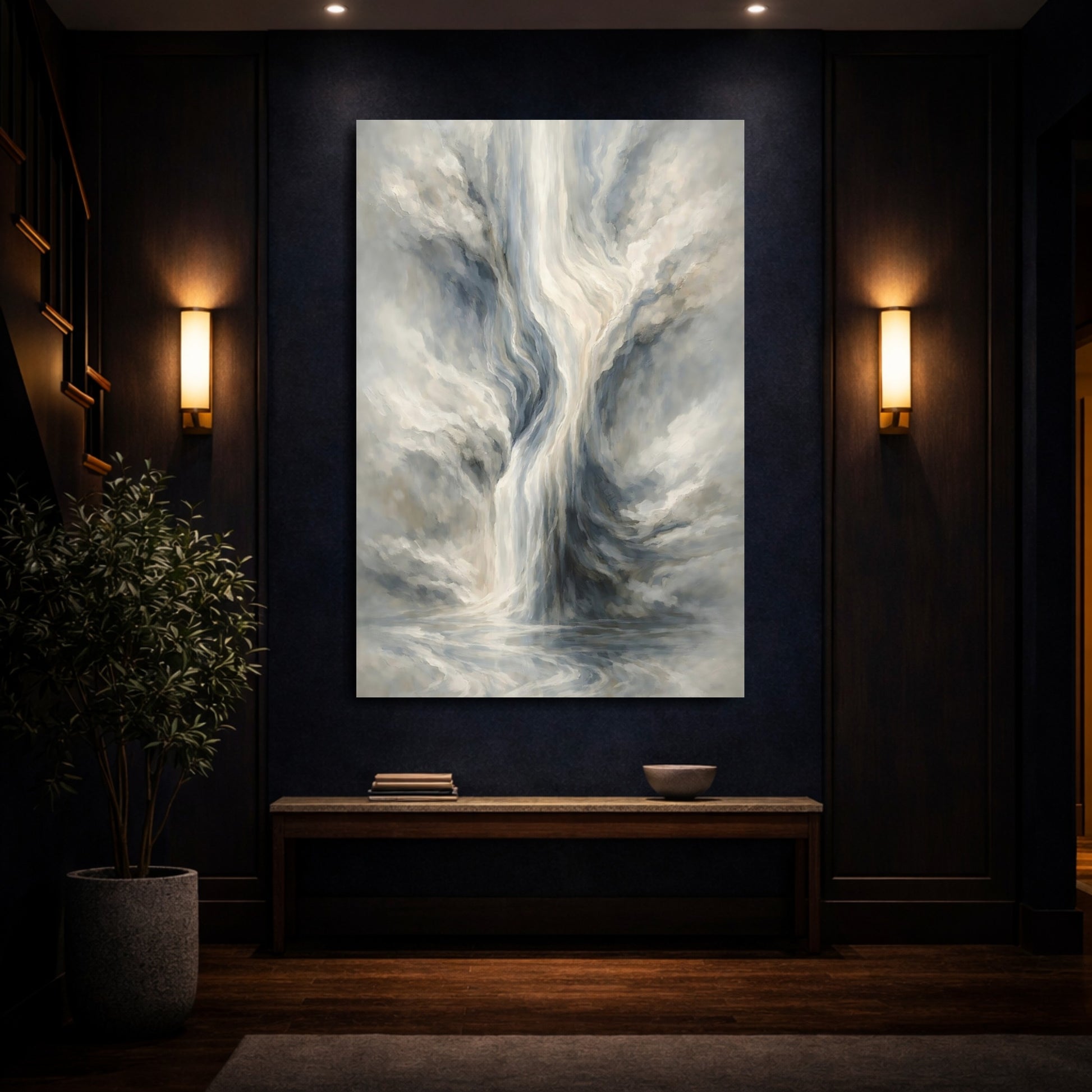 Mockup 3. Nature Abstract Waterfall Grey Blue Abstract shown as stretched canvas wall art