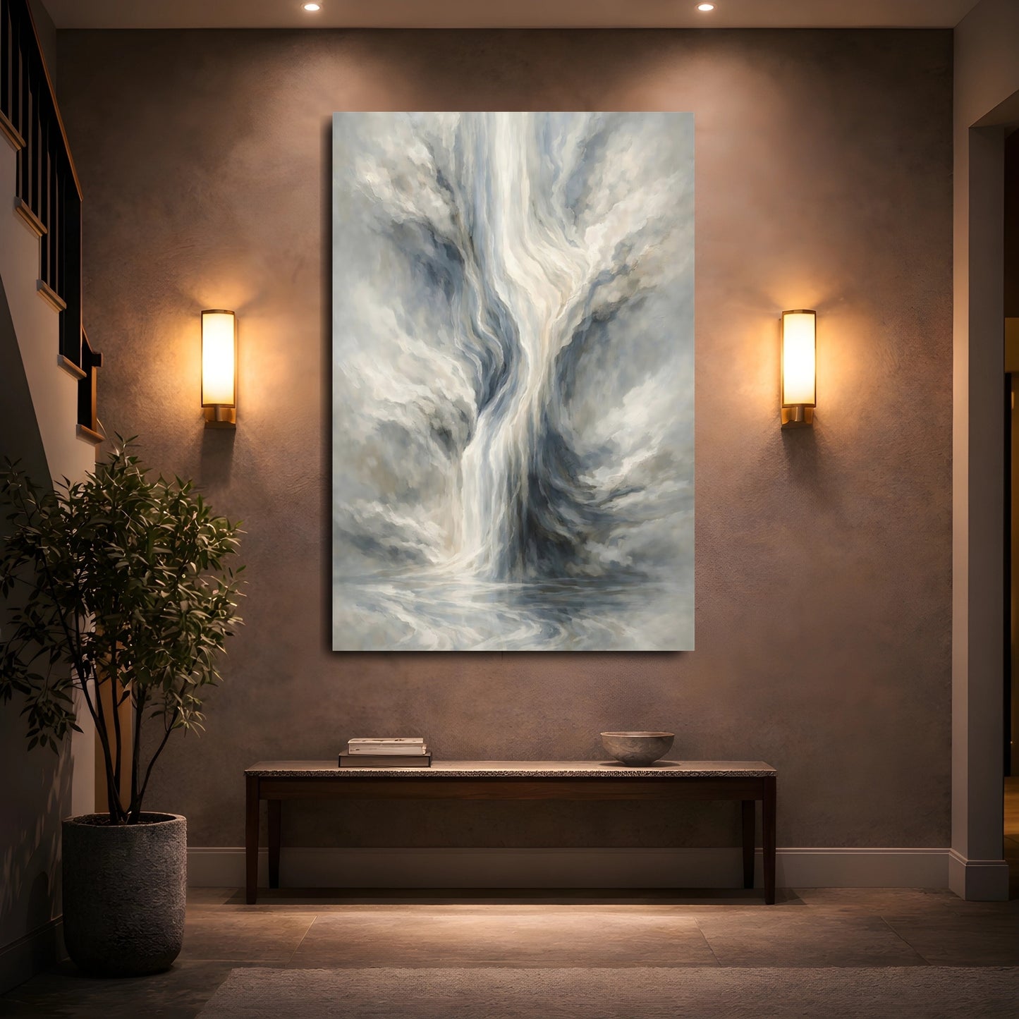 Mockup 4. Nature Abstract Waterfall Grey Blue Abstract shown as stretched canvas wall art