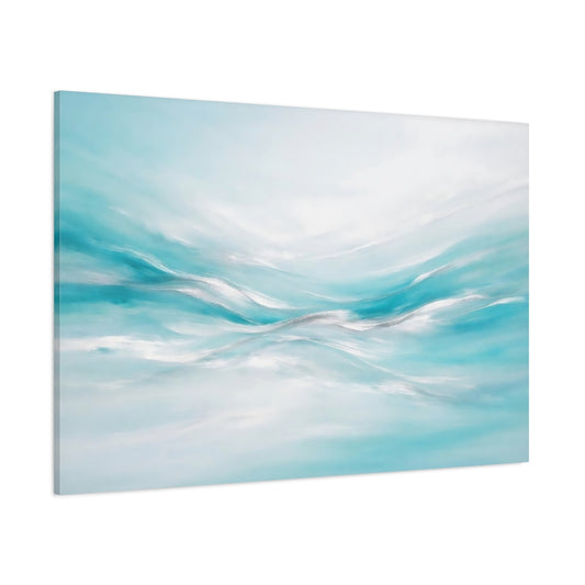 Main Mockup. Nature Abstract Waves Aqua And Silver shown as stretched canvas wall art