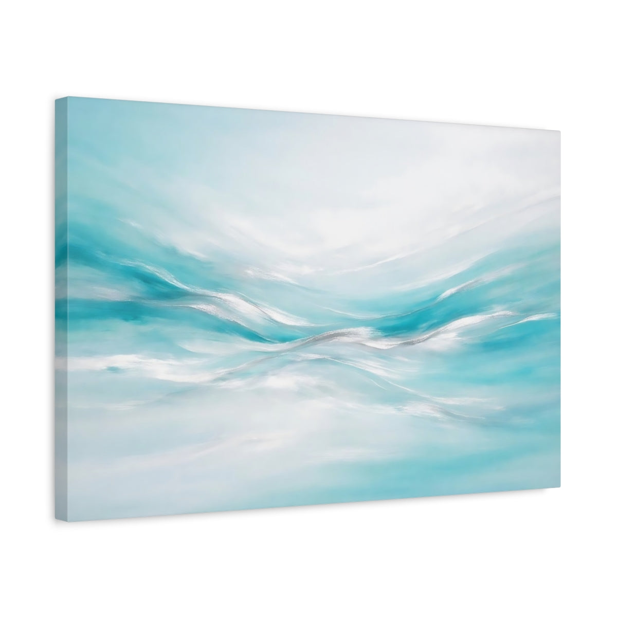 Side Mockup 3. Nature Abstract Waves Aqua And Silver shown as stretched canvas wall art