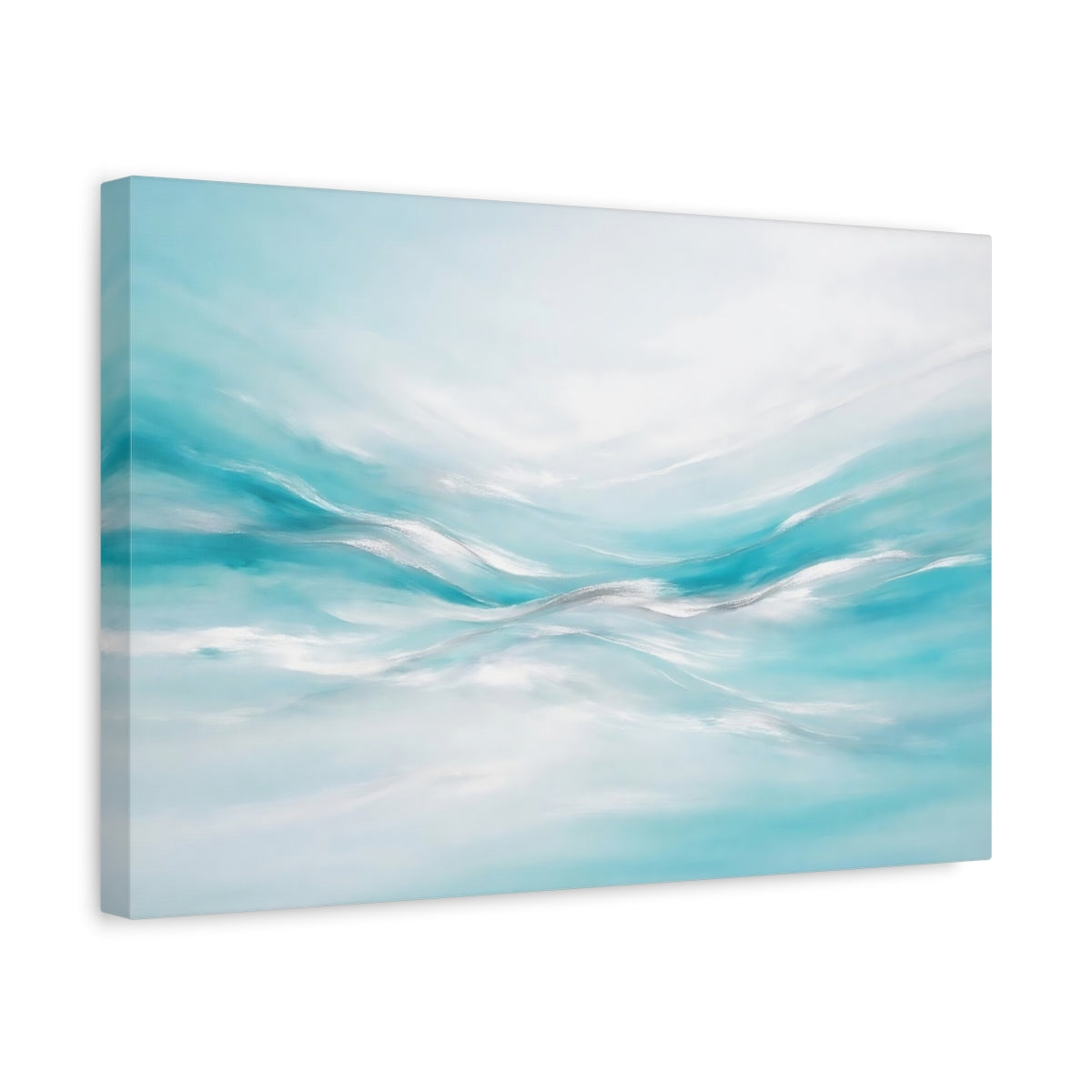 Side Mockup 4. Nature Abstract Waves Aqua And Silver shown as stretched canvas wall art