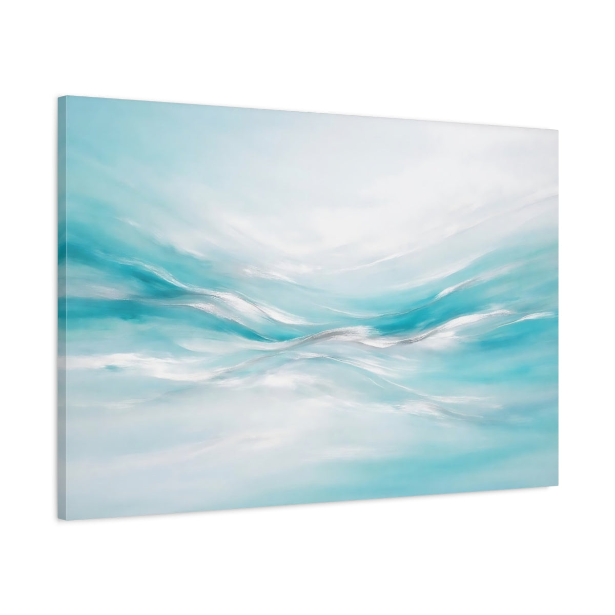 Side Mockup 1. Nature Abstract Waves Aqua And Silver shown as stretched canvas wall art