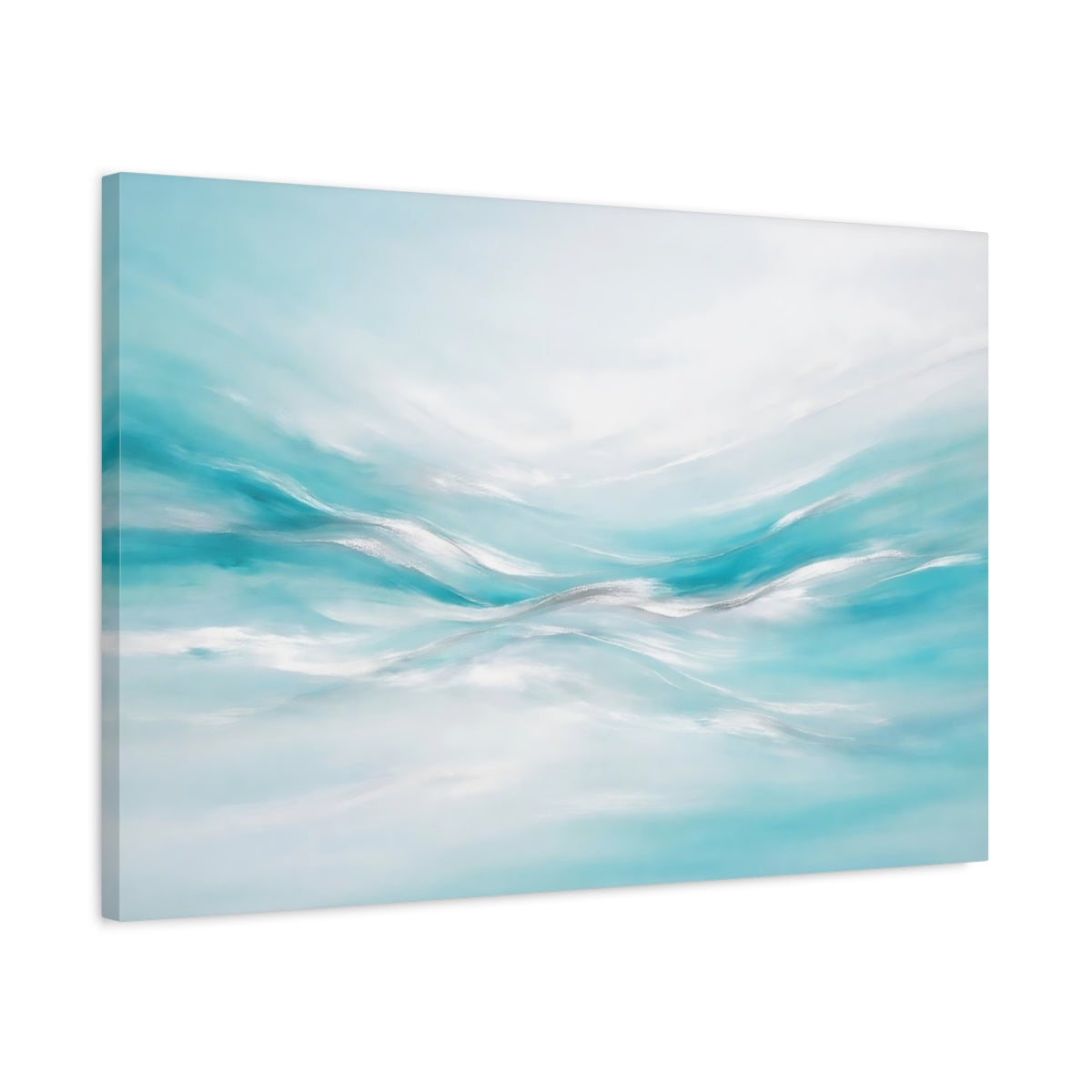 Side Mockup 2. Nature Abstract Waves Aqua And Silver shown as stretched canvas wall art