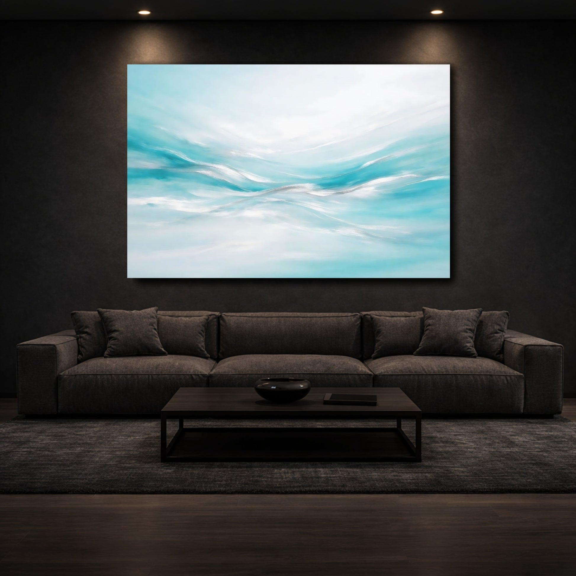 Mockup 2. Nature Abstract Waves Aqua And Silver shown as stretched canvas wall art